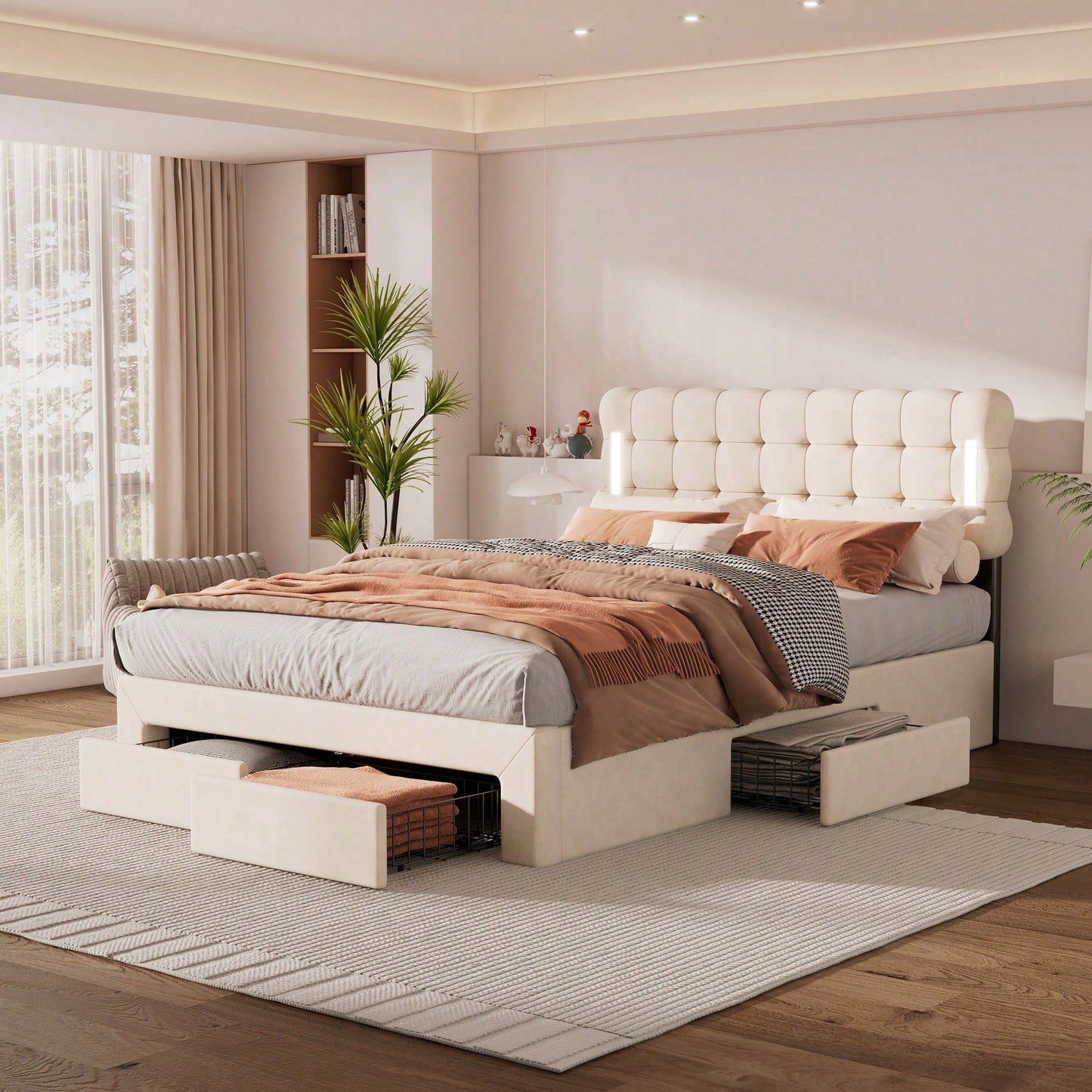 140*200cm Flachbett, gepolstertes Bett, Beleuchtung auf beiden Seiten des Bettes, vier Schubladen am Ende des Bettes, großer Stauraum, Farbe beige