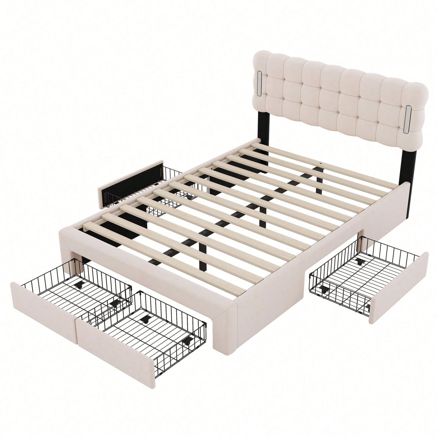 140*200cm Flachbett, gepolstertes Bett, Beleuchtung auf beiden Seiten des Bettes, vier Schubladen am Ende des Bettes, großer Stauraum, Farbe beige