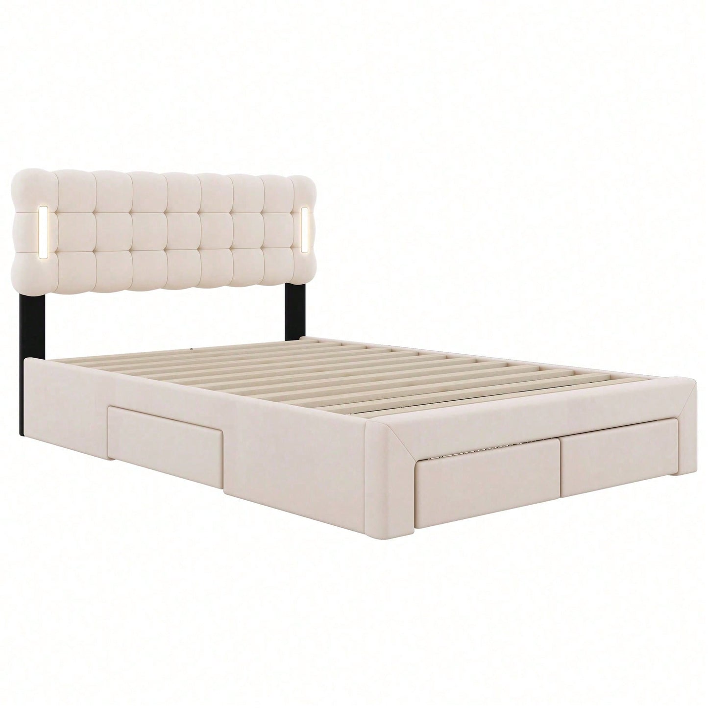 140*200cm Flachbett, gepolstertes Bett, Beleuchtung auf beiden Seiten des Bettes, vier Schubladen am Ende des Bettes, großer Stauraum, Farbe beige