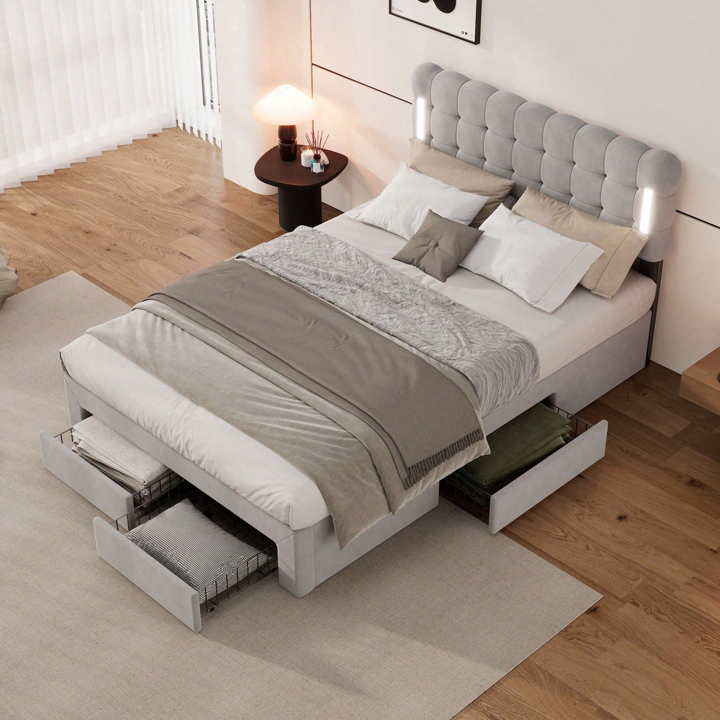 140*200cm Flachbett, gepolstertes Bett, Beleuchtung auf beiden Seiten des Bettes, vier Schubladen am Ende des Bettes, großer Stauraum, Farbe beige