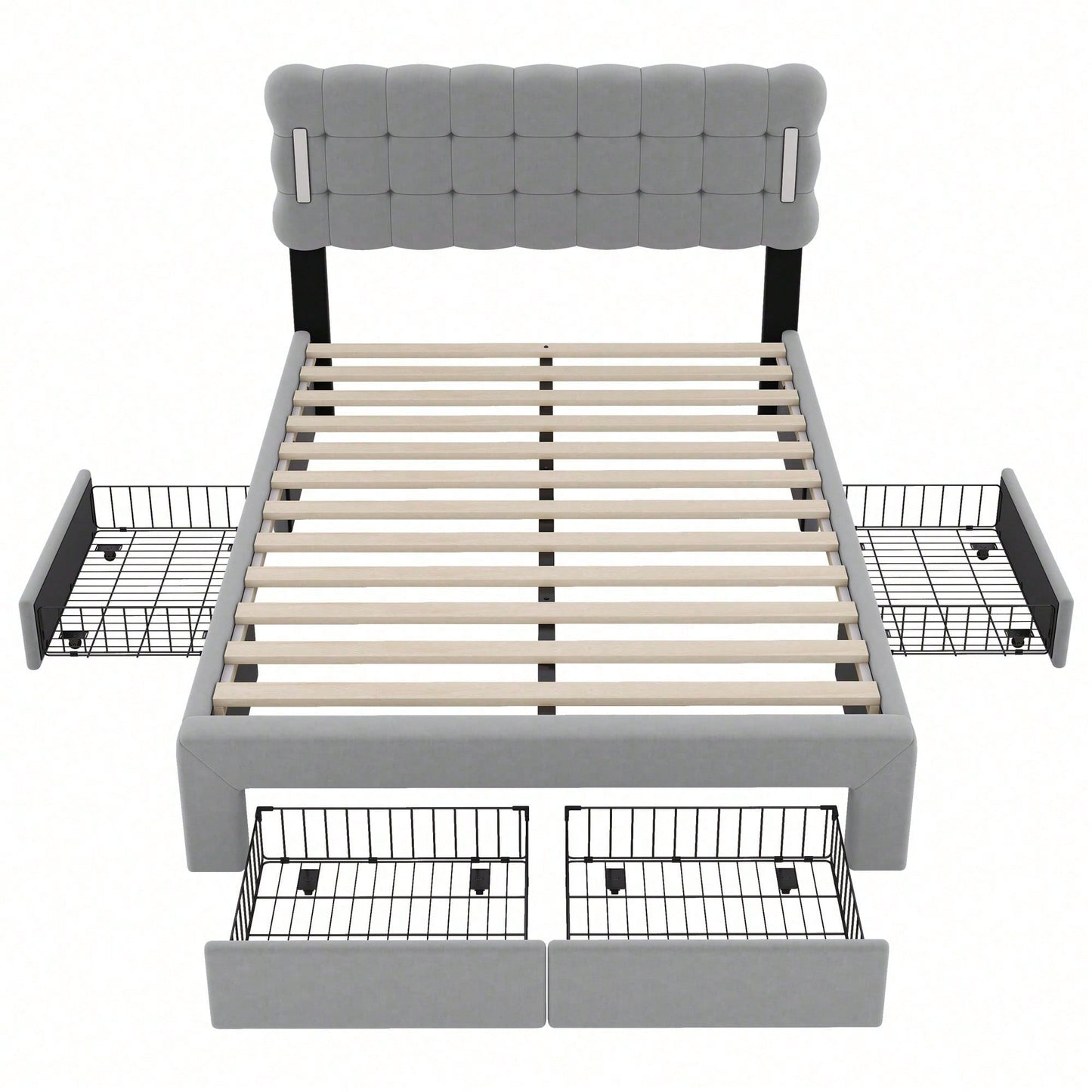 140*200cm Flachbett, gepolstertes Bett, Beleuchtung auf beiden Seiten des Bettes, vier Schubladen am Ende des Bettes, großer Stauraum, Farbe beige