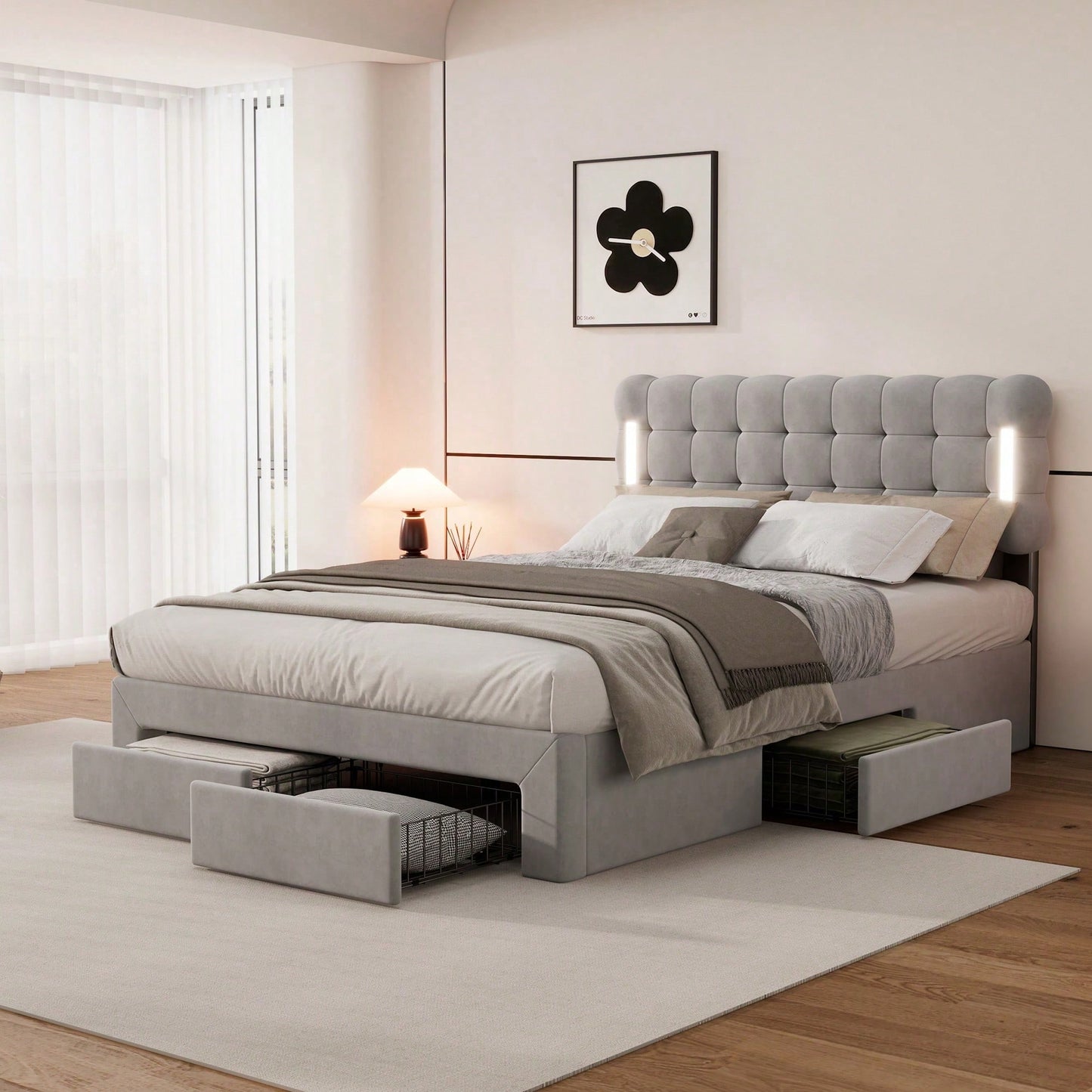 140*200cm Flachbett, gepolstertes Bett, Beleuchtung auf beiden Seiten des Bettes, vier Schubladen am Ende des Bettes, großer Stauraum, Farbe beige