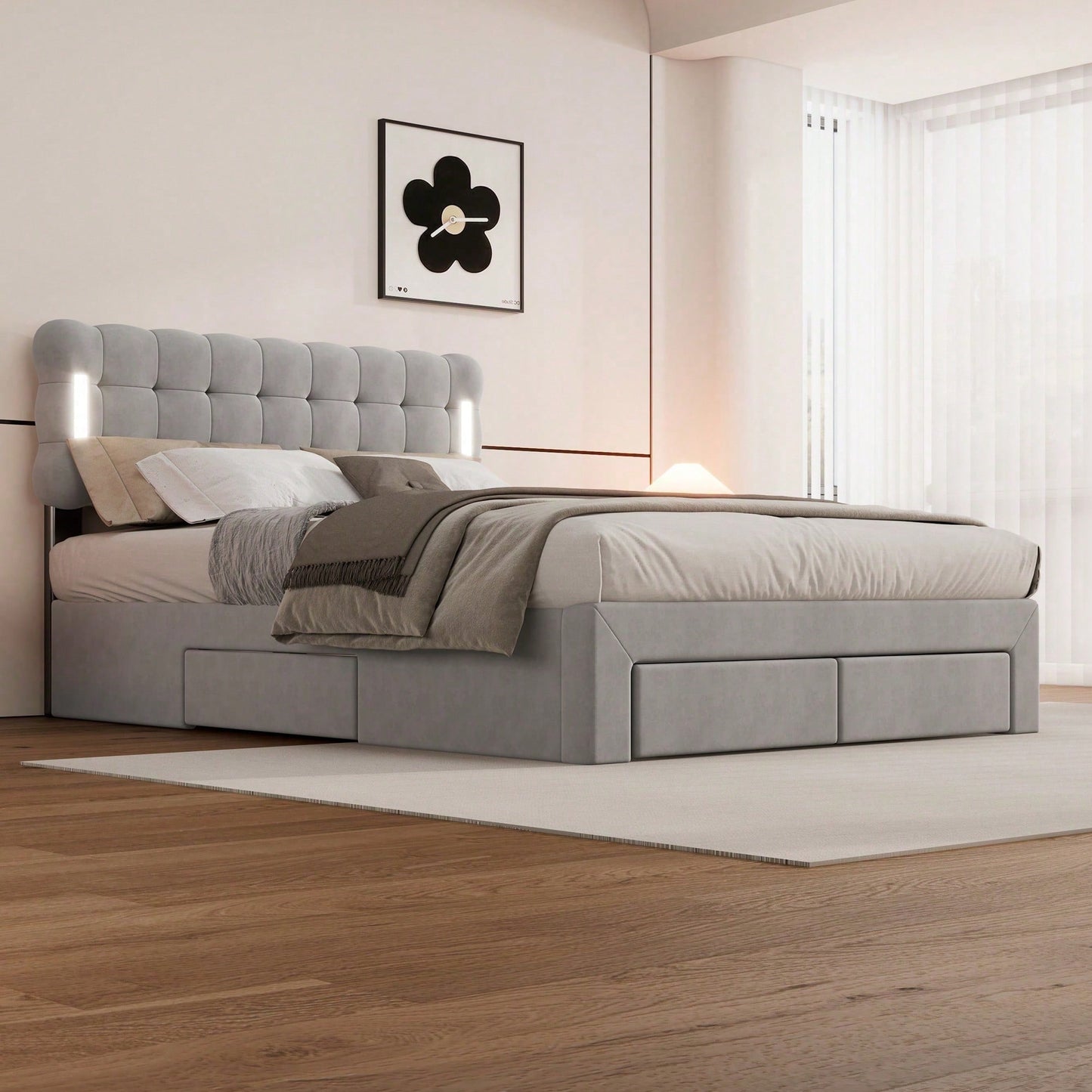 140*200cm Flachbett, gepolstertes Bett, Beleuchtung auf beiden Seiten des Bettes, vier Schubladen am Ende des Bettes, großer Stauraum, Farbe beige