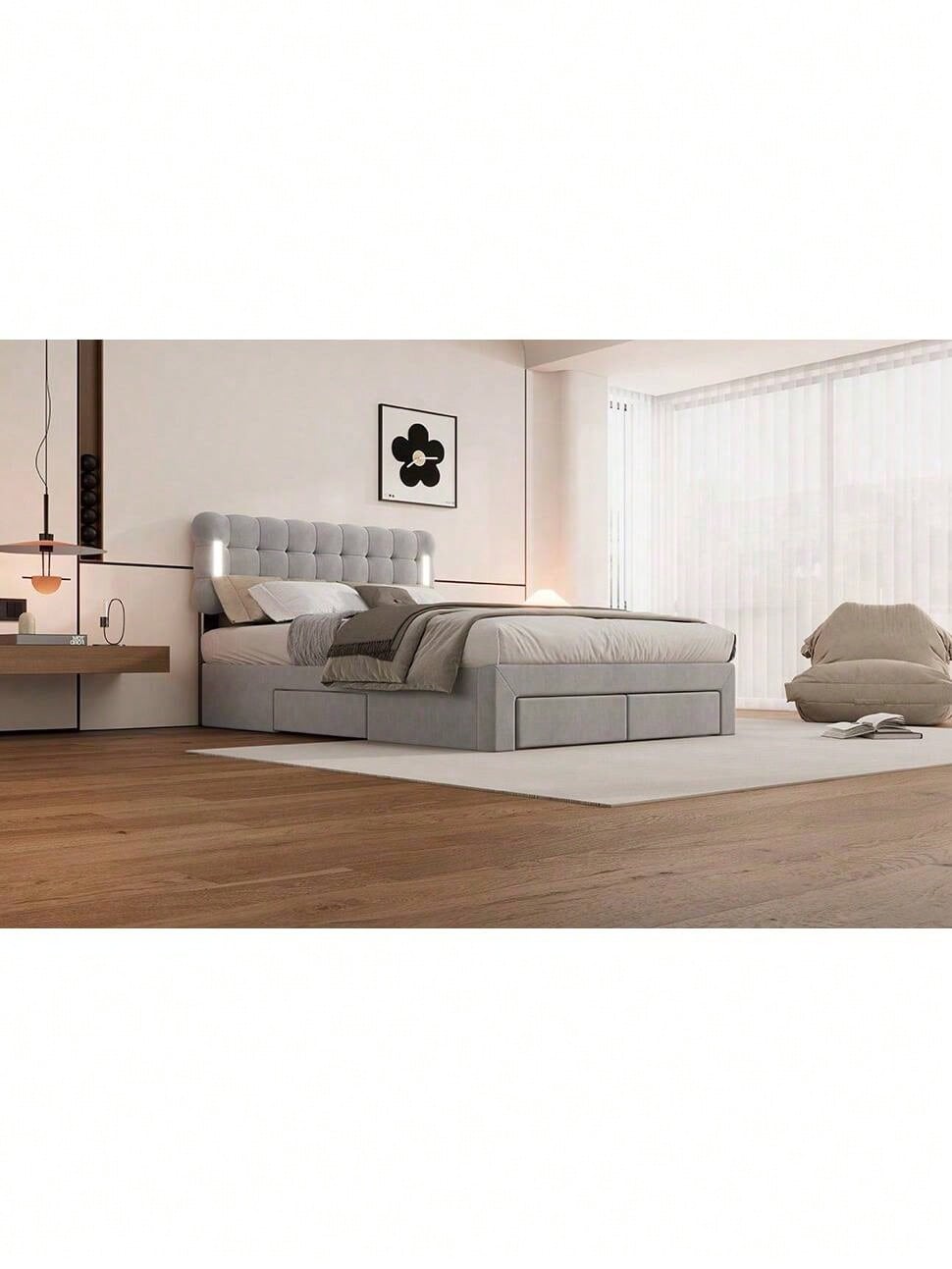 140*200cm Flachbett, gepolstertes Bett, Beleuchtung auf beiden Seiten des Bettes, vier Schubladen am Ende des Bettes, großer Stauraum, Farbe beige
