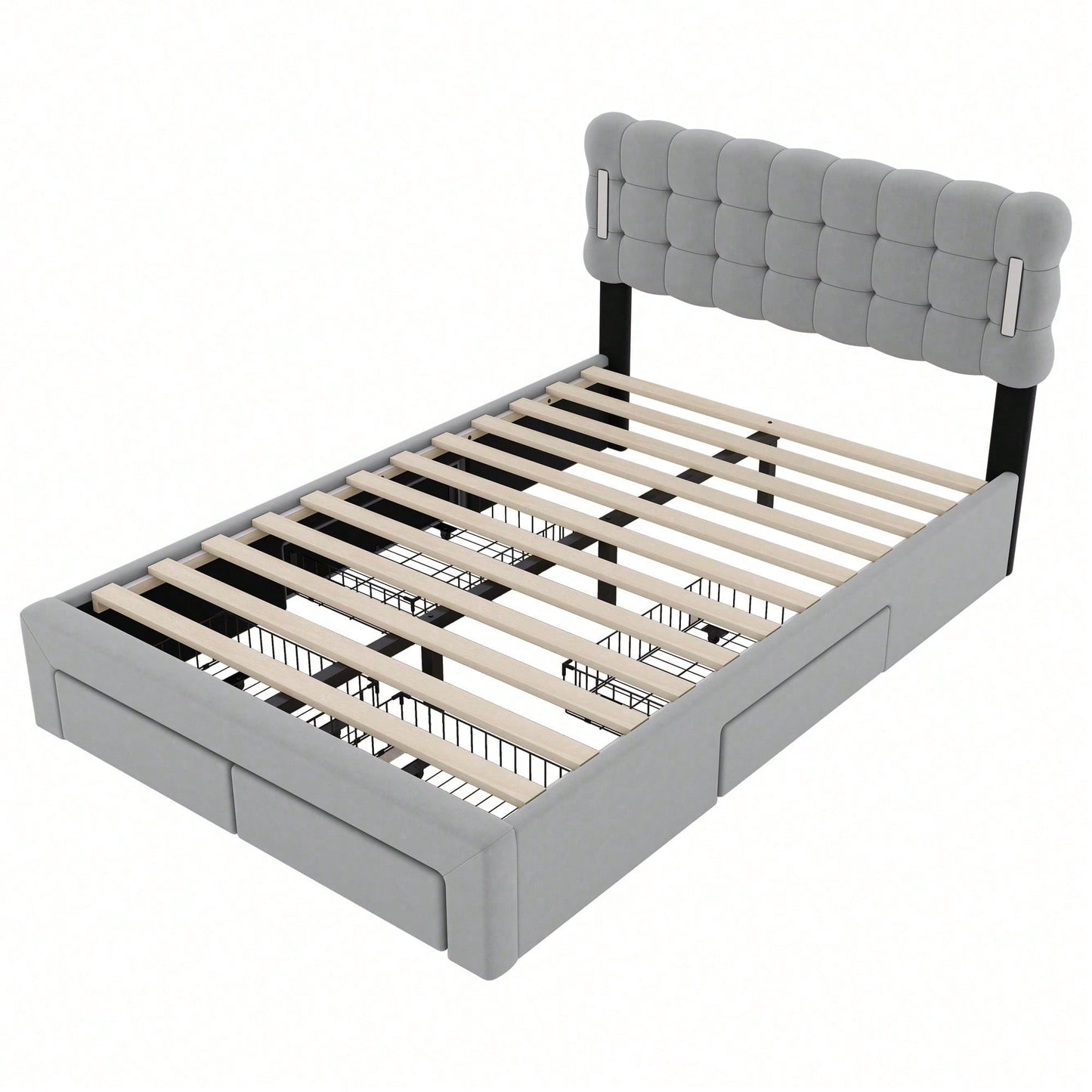 140*200cm Flachbett, gepolstertes Bett, Beleuchtung auf beiden Seiten des Bettes, vier Schubladen am Ende des Bettes, großer Stauraum, Farbe beige