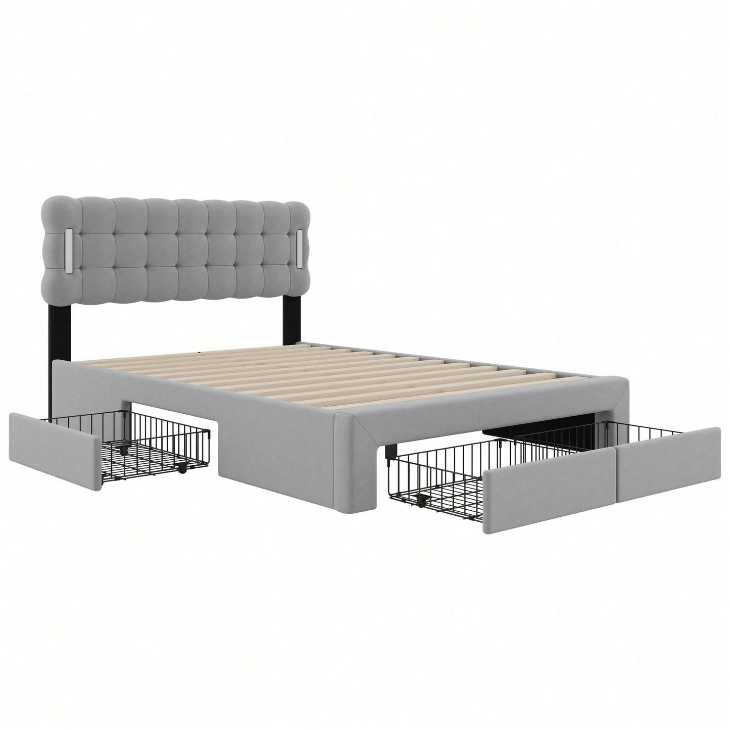 140*200cm Flachbett, gepolstertes Bett, Beleuchtung auf beiden Seiten des Bettes, vier Schubladen am Ende des Bettes, großer Stauraum, Farbe beige