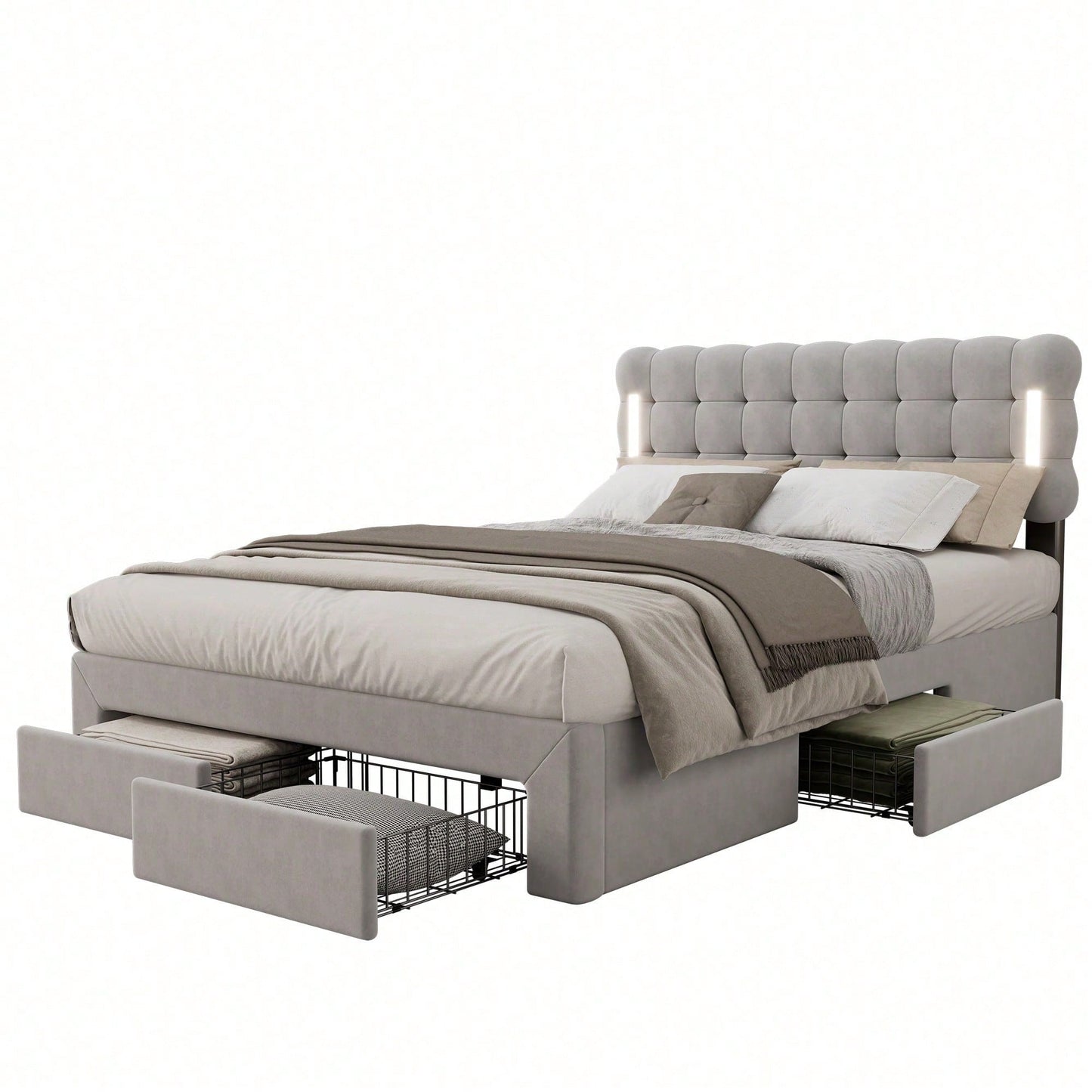 140*200cm Flachbett, gepolstertes Bett, Beleuchtung auf beiden Seiten des Bettes, vier Schubladen am Ende des Bettes, großer Stauraum, Farbe beige