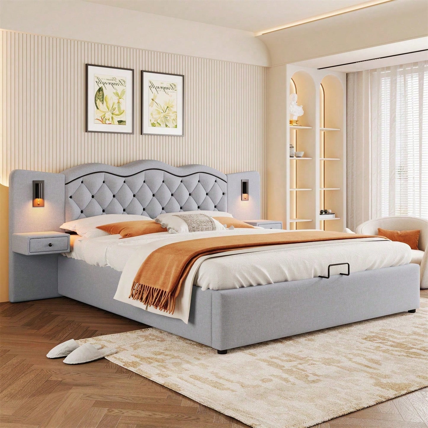 Polsterbett, 160*200cm ,Ohne Matratze,Gepolstertes Bett, Integriertes Kopfteil, Hydraulischer Hebemechanismus, USB-Anschluss, zwei Nachttischlampen, Großer Stauraum, Grau