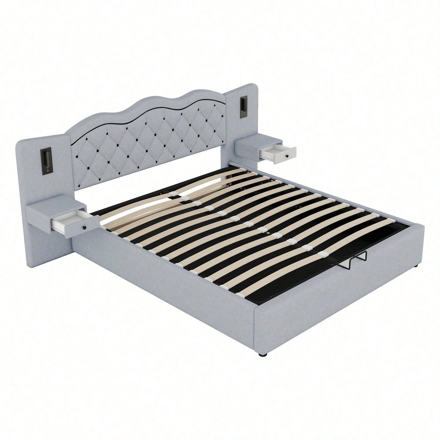 Polsterbett, 160*200cm ,Ohne Matratze,Gepolstertes Bett, Integriertes Kopfteil, Hydraulischer Hebemechanismus, USB-Anschluss, zwei Nachttischlampen, Großer Stauraum, Grau