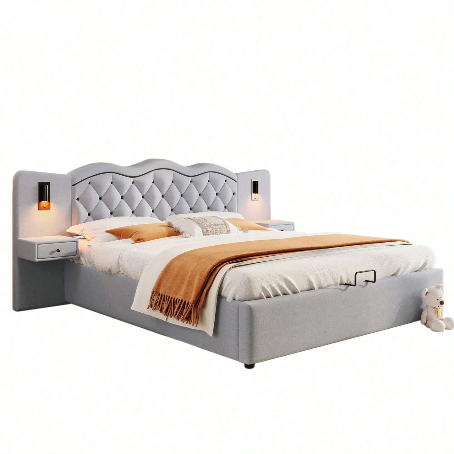 Polsterbett, 160*200cm ,Ohne Matratze,Gepolstertes Bett, Integriertes Kopfteil, Hydraulischer Hebemechanismus, USB-Anschluss, zwei Nachttischlampen, Großer Stauraum, Grau