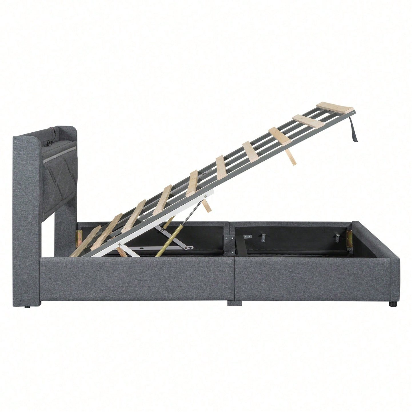 140*200cm Flaches Bett, Ambientelicht am Ende des Bettes, App verstellbar, Bett kann angehoben und abgesenkt werden, USB-Anschluss am Kopfende des Bettes, großer Stauraum, Grau