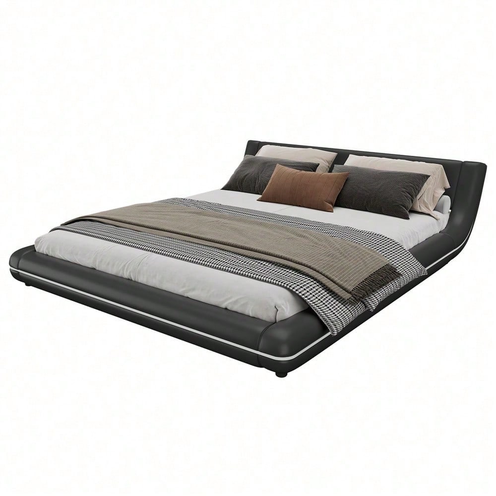 160*200cm Flachbett, Bodenbett, PU, LED-Umgebungslicht, 24-Tasten-Fernbedienung, Schwarz