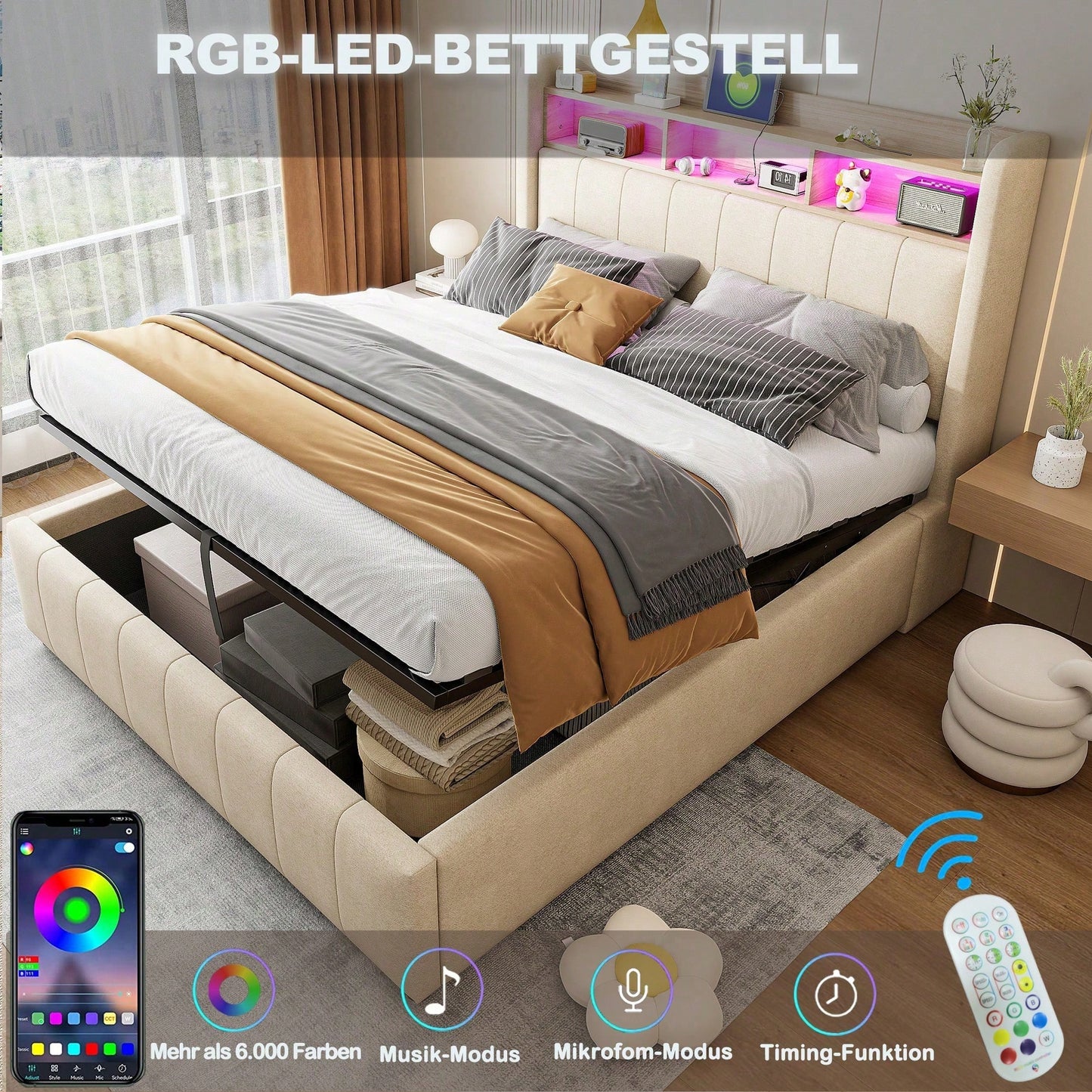 Polsterbett 180*200cm mit LED-Beleuchtung und USB-Steckdose, Kopfteil mit Einlegeböden und Stauraum, Mit Hydraulik für die Lagerung, Erwachsenenbett Doppelt, Leinenstoff (Matratze nicht enthaltet)