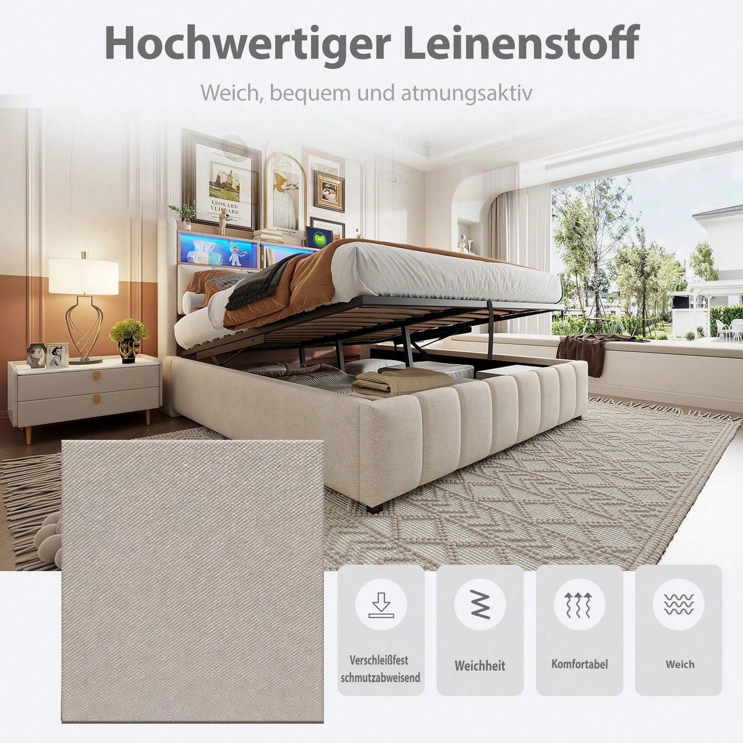 Polsterbett 180*200cm mit LED-Beleuchtung und USB-Steckdose, Kopfteil mit Einlegeböden und Stauraum, Mit Hydraulik für die Lagerung, Erwachsenenbett Doppelt, Leinenstoff (Matratze nicht enthaltet)