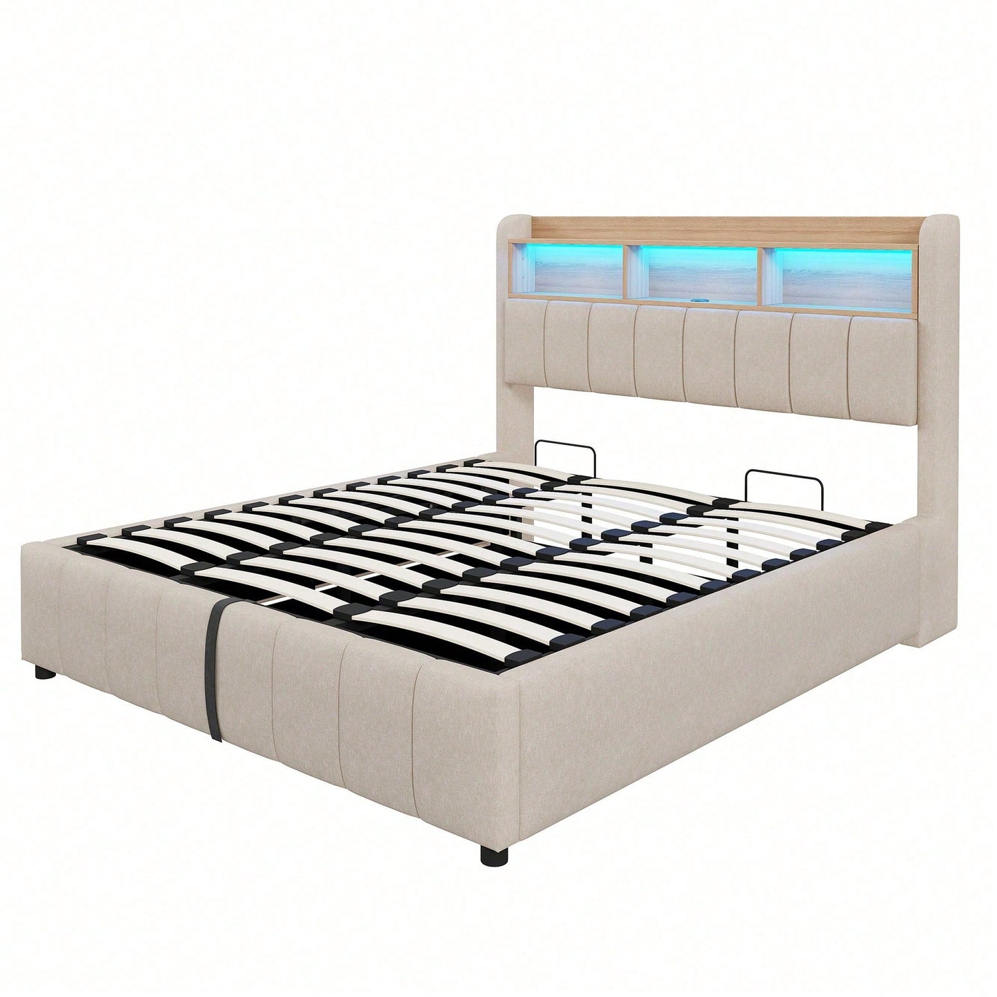 Polsterbett 180*200cm mit LED-Beleuchtung und USB-Steckdose, Kopfteil mit Einlegeböden und Stauraum, Mit Hydraulik für die Lagerung, Erwachsenenbett Doppelt, Leinenstoff (Matratze nicht enthaltet)