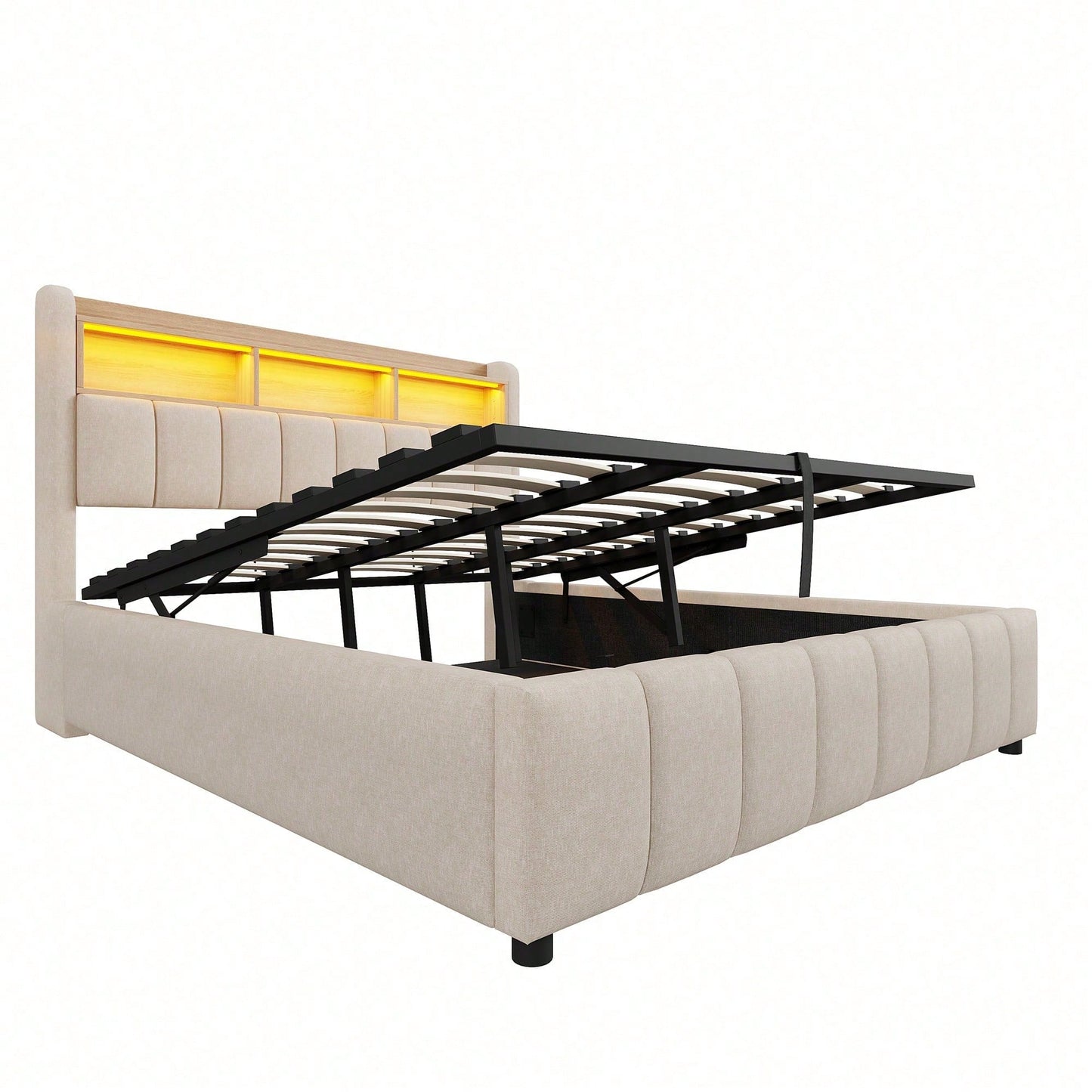 Polsterbett 180*200cm mit LED-Beleuchtung und USB-Steckdose, Kopfteil mit Einlegeböden und Stauraum, Mit Hydraulik für die Lagerung, Erwachsenenbett Doppelt, Leinenstoff (Matratze nicht enthaltet)