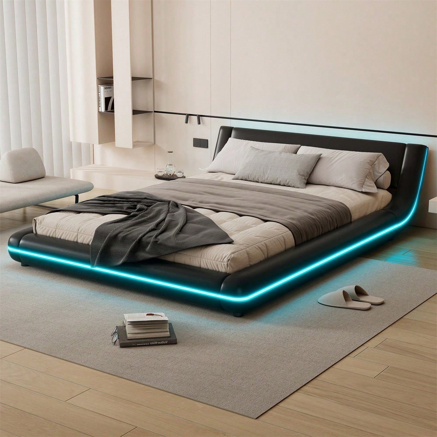 140*200cm Flachbett, Bodenbett, PU, LED-Umgebungslicht, 24-Tasten-Fernbedienung, weiß