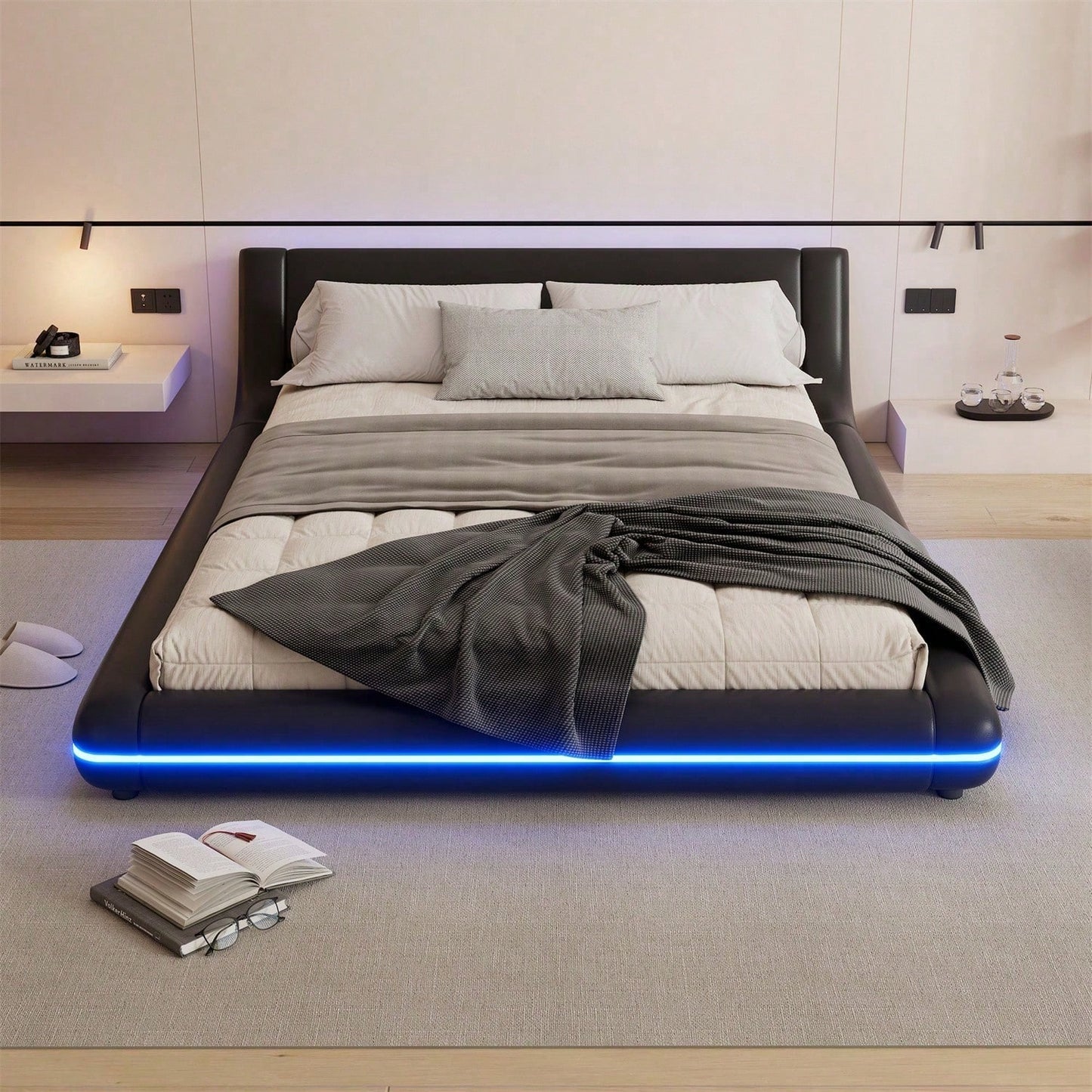 140*200cm Flachbett, Bodenbett, PU, LED-Umgebungslicht, 24-Tasten-Fernbedienung, weiß
