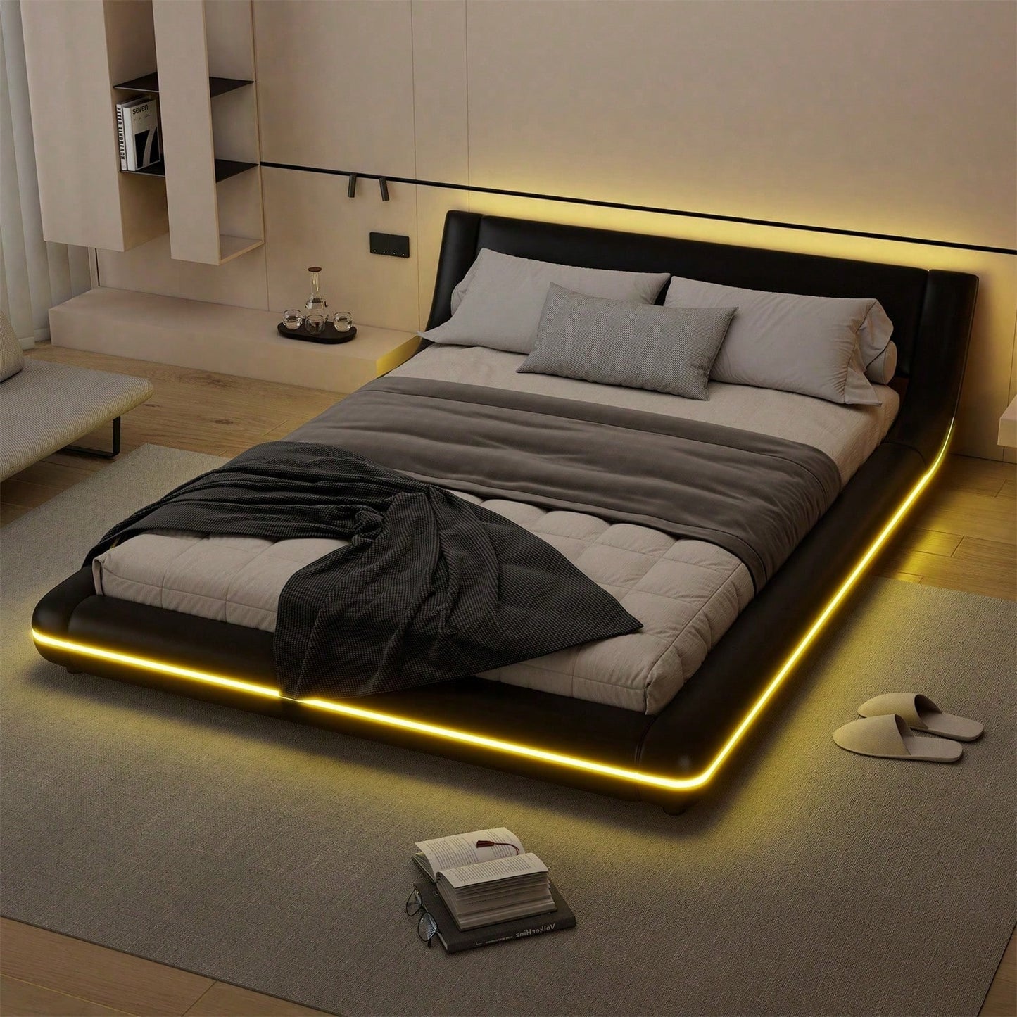 140*200cm Flachbett, Bodenbett, PU, LED-Umgebungslicht, 24-Tasten-Fernbedienung, weiß