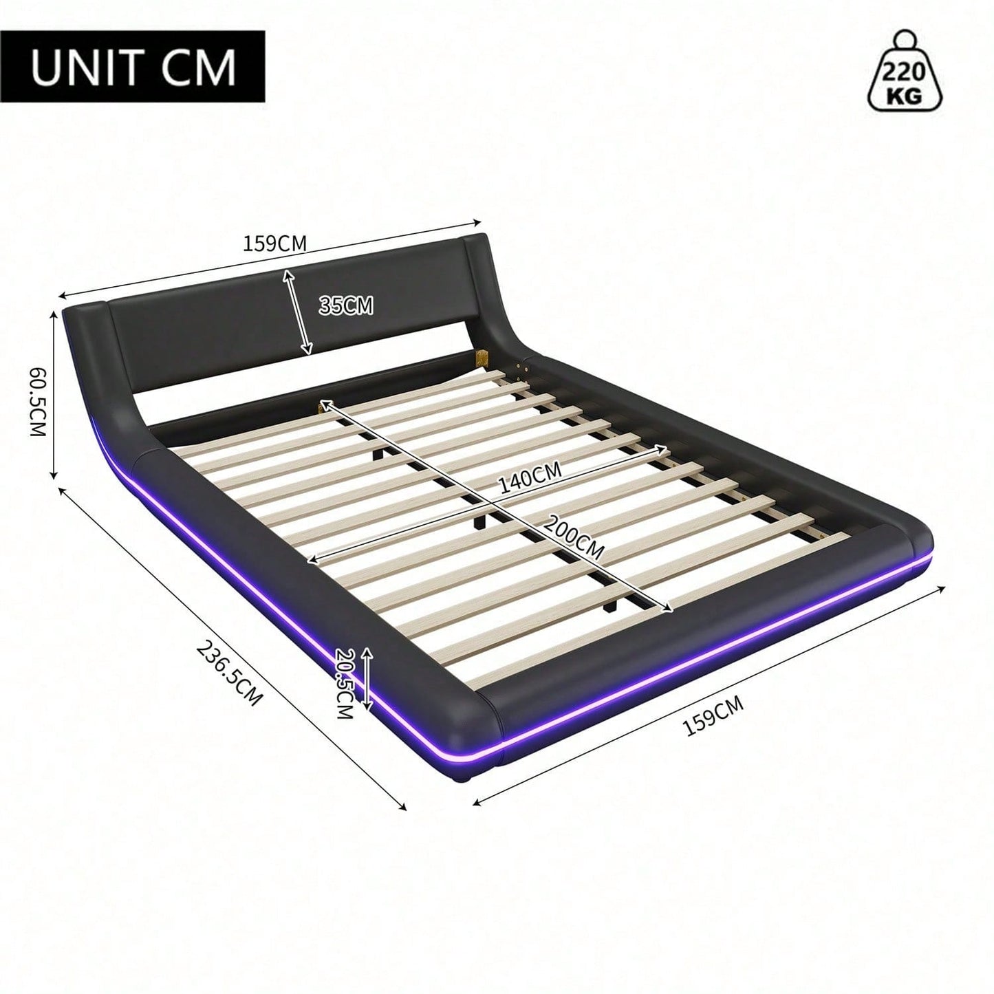 140*200cm Flachbett, Bodenbett, PU, LED-Umgebungslicht, 24-Tasten-Fernbedienung, weiß