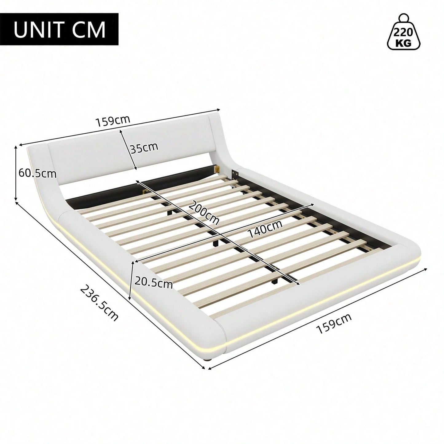 140*200cm Flachbett, Bodenbett, PU, LED-Umgebungslicht, 24-Tasten-Fernbedienung, weiß
