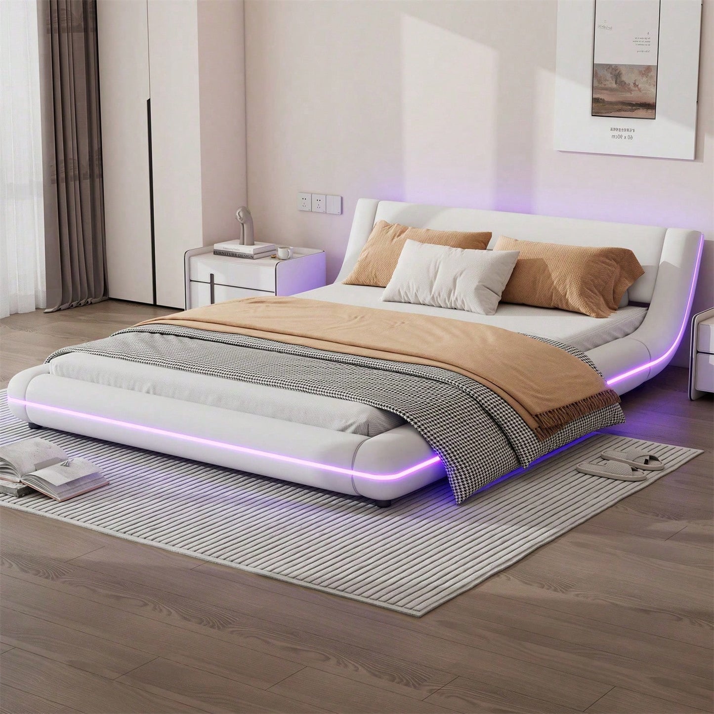 140*200cm Flachbett, Bodenbett, PU, LED-Umgebungslicht, 24-Tasten-Fernbedienung, weiß