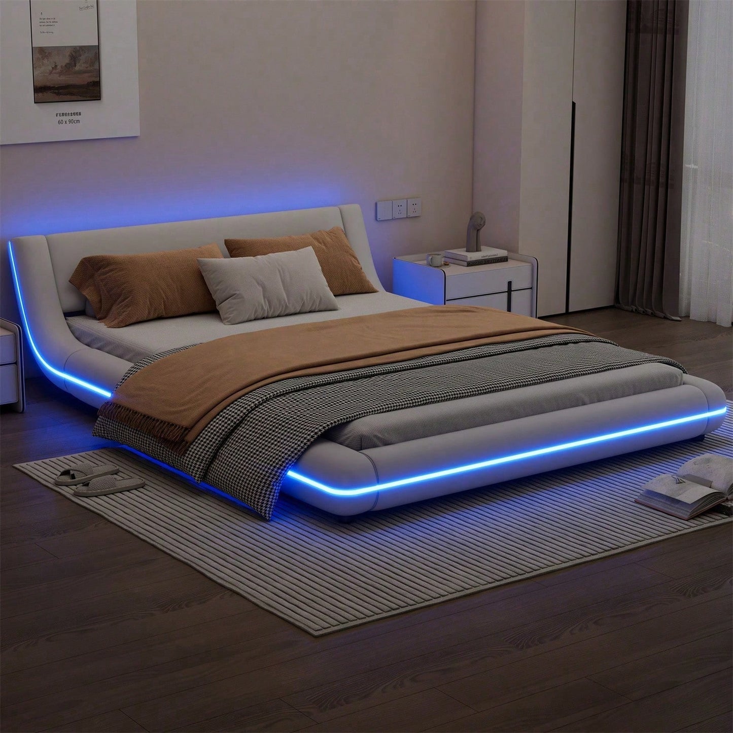 140*200cm Flachbett, Bodenbett, PU, LED-Umgebungslicht, 24-Tasten-Fernbedienung, weiß