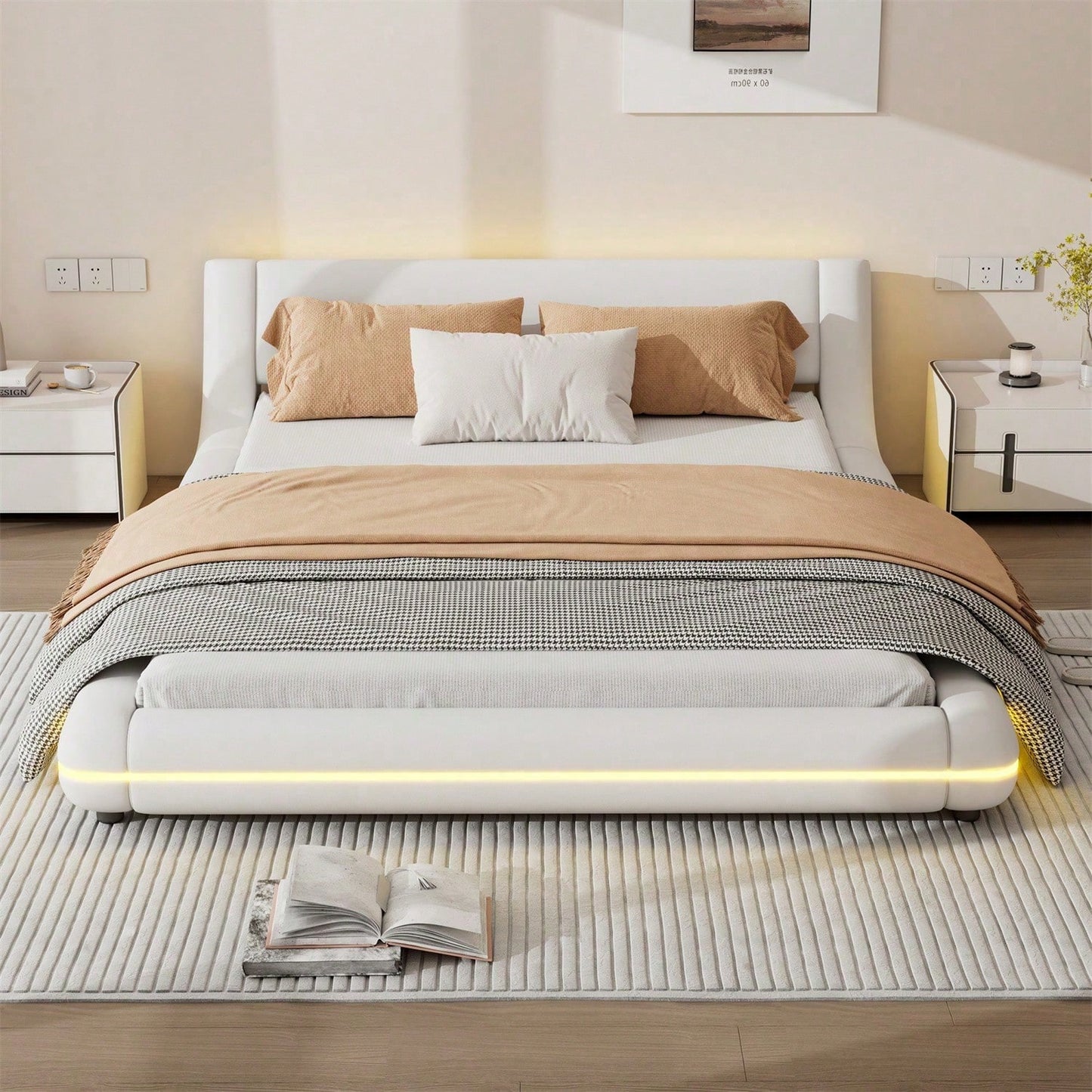 140*200cm Flachbett, Bodenbett, PU, LED-Umgebungslicht, 24-Tasten-Fernbedienung, weiß