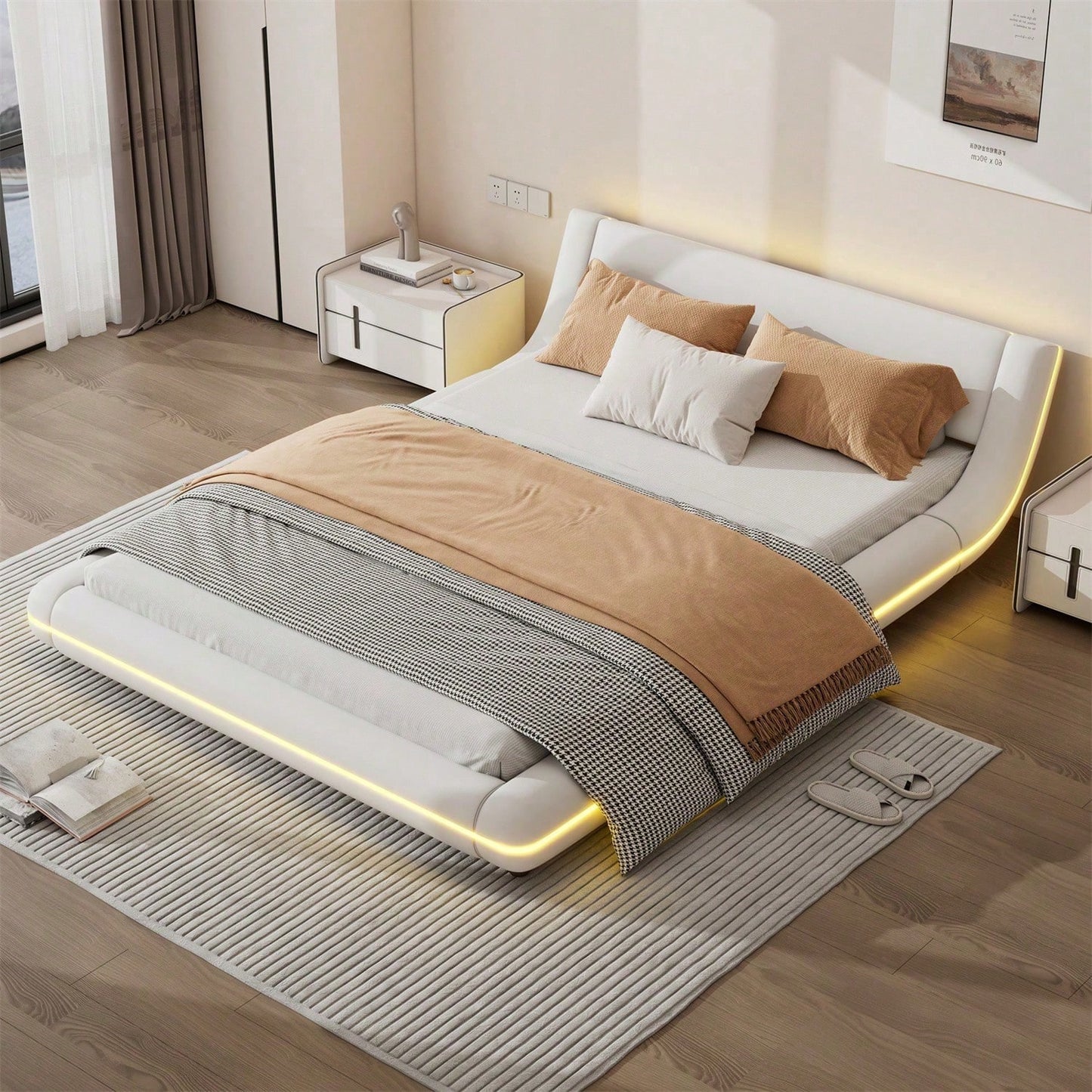 140*200cm Flachbett, Bodenbett, PU, LED-Umgebungslicht, 24-Tasten-Fernbedienung, weiß