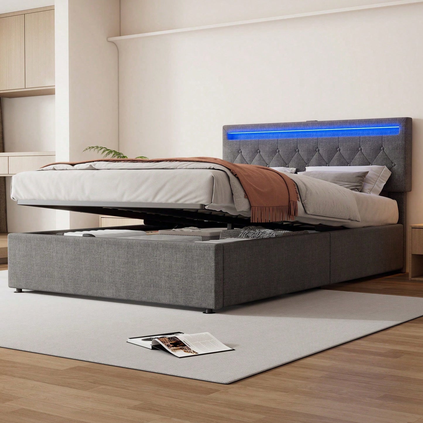 140*200 cm flaches Bett, gepolstertes Bett, Umgebungslicht am Bett, 24-Tasten-Fernbedienung, Bett kann angehoben und abgesenkt werden, USB- und Typ-C-Steckdose am Bett, großer Stauraum, weiß