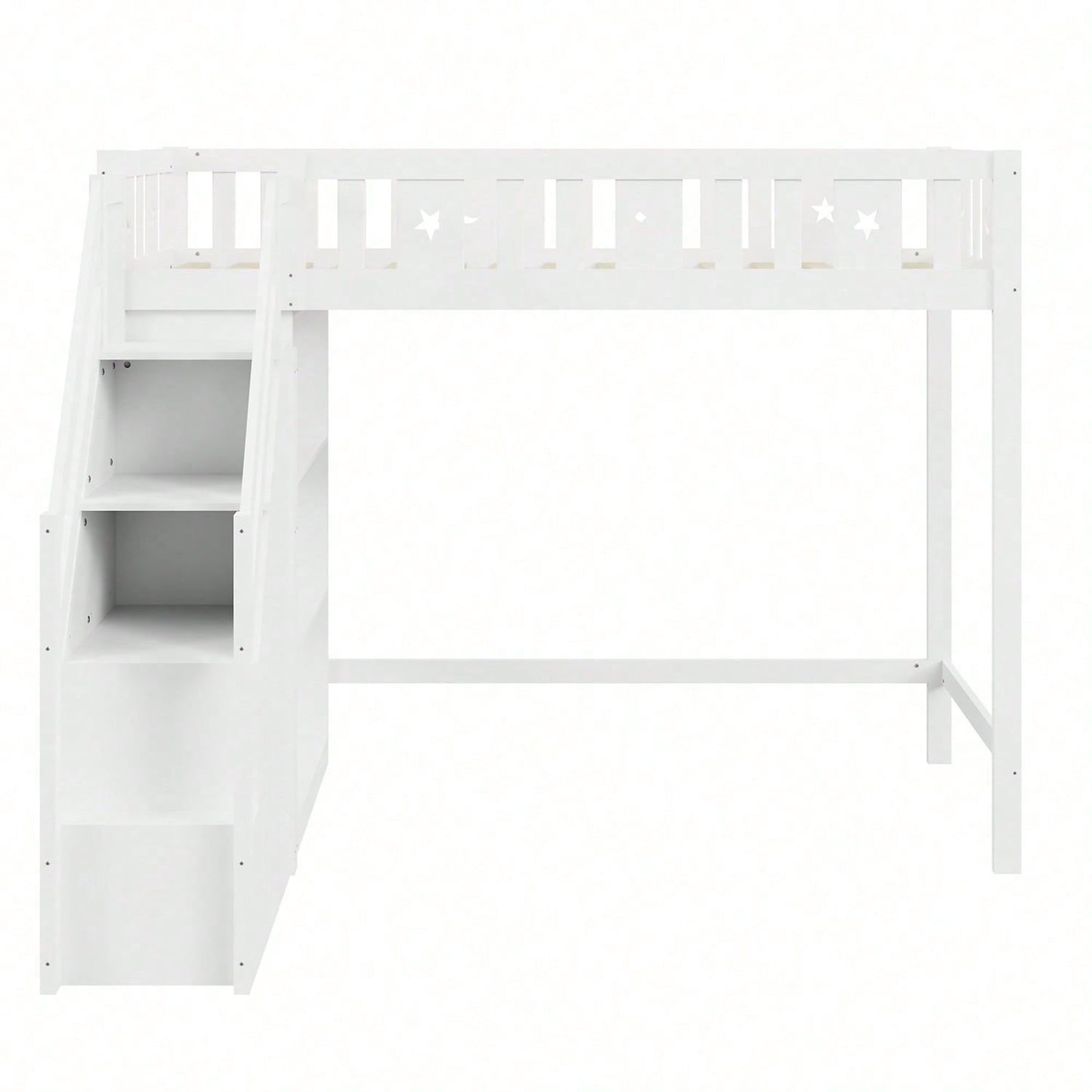Hochbett 90*200 cm, mit Stauraumleiter und Regalen, Einzelholzbett, Jugendbett, Kinderbett, Massivholzrahmen, weiß