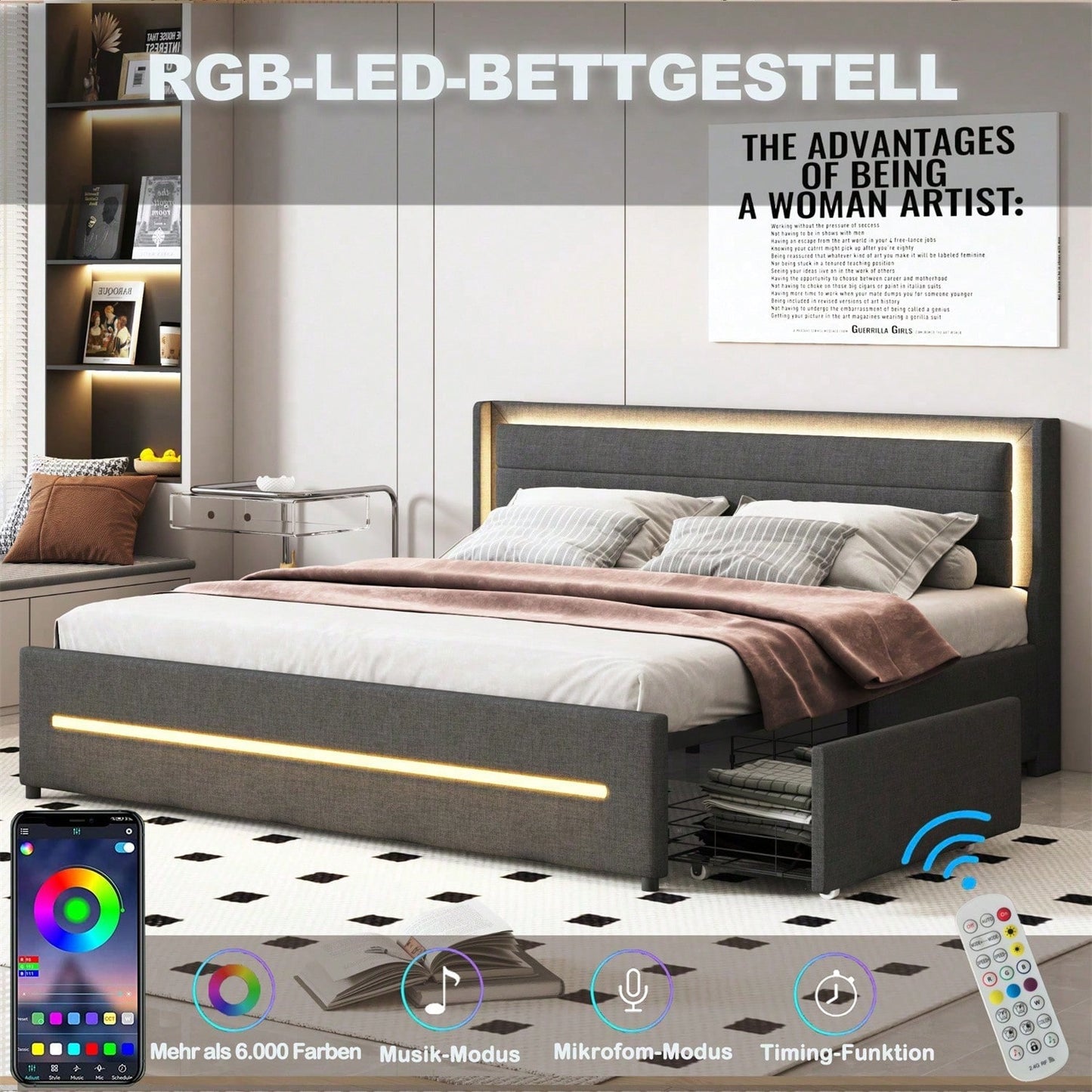 Polsterbett 180*200 mit farbwechselnder LED-Beleuchtung, mit vier Ablagefächern, Leinenstoff, Doppelflachbett mit Lattenrost, Grau (Matratze nicht enthalten)