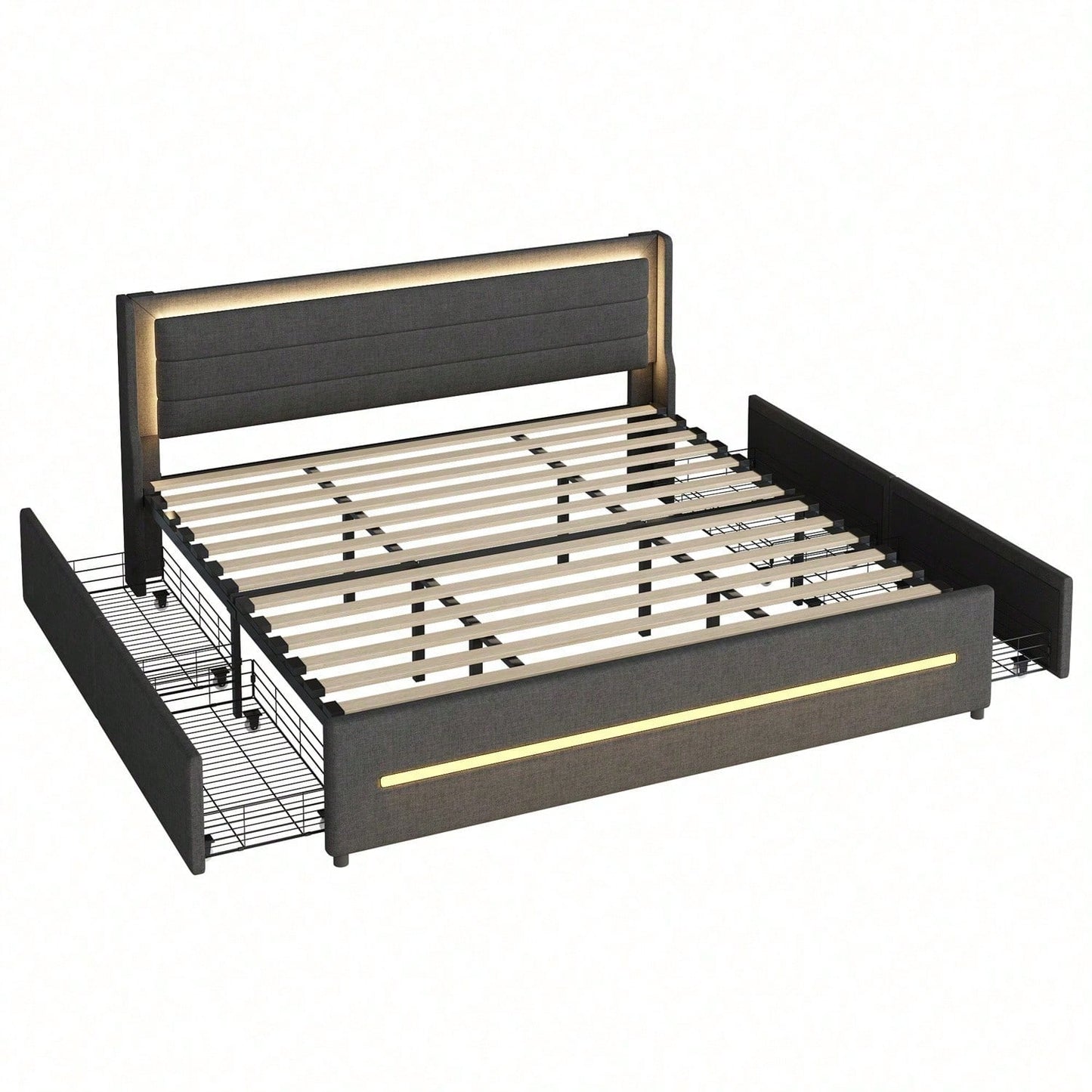 Polsterbett 180*200 mit farbwechselnder LED-Beleuchtung, mit vier Ablagefächern, Leinenstoff, Doppelflachbett mit Lattenrost, Grau (Matratze nicht enthalten)