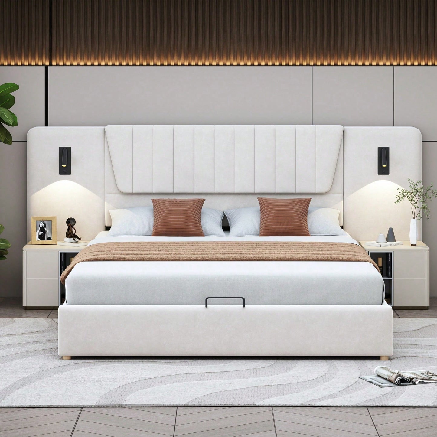 Polsterbett 180*200cm, Mit extralanger Rückenlehne, Leselampe mit verstellbarer Richtung, Mit USB-Ladeanschluss, Hydraulisches Stauraumbett, Doppelbett, Samtstoff, Beige