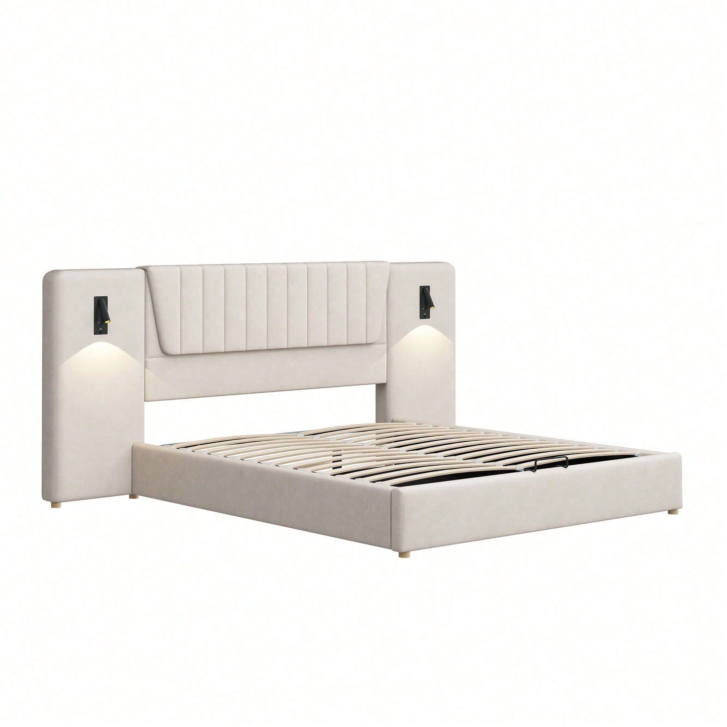 Polsterbett 180*200cm, Mit extralanger Rückenlehne, Leselampe mit verstellbarer Richtung, Mit USB-Ladeanschluss, Hydraulisches Stauraumbett, Doppelbett, Samtstoff, Beige