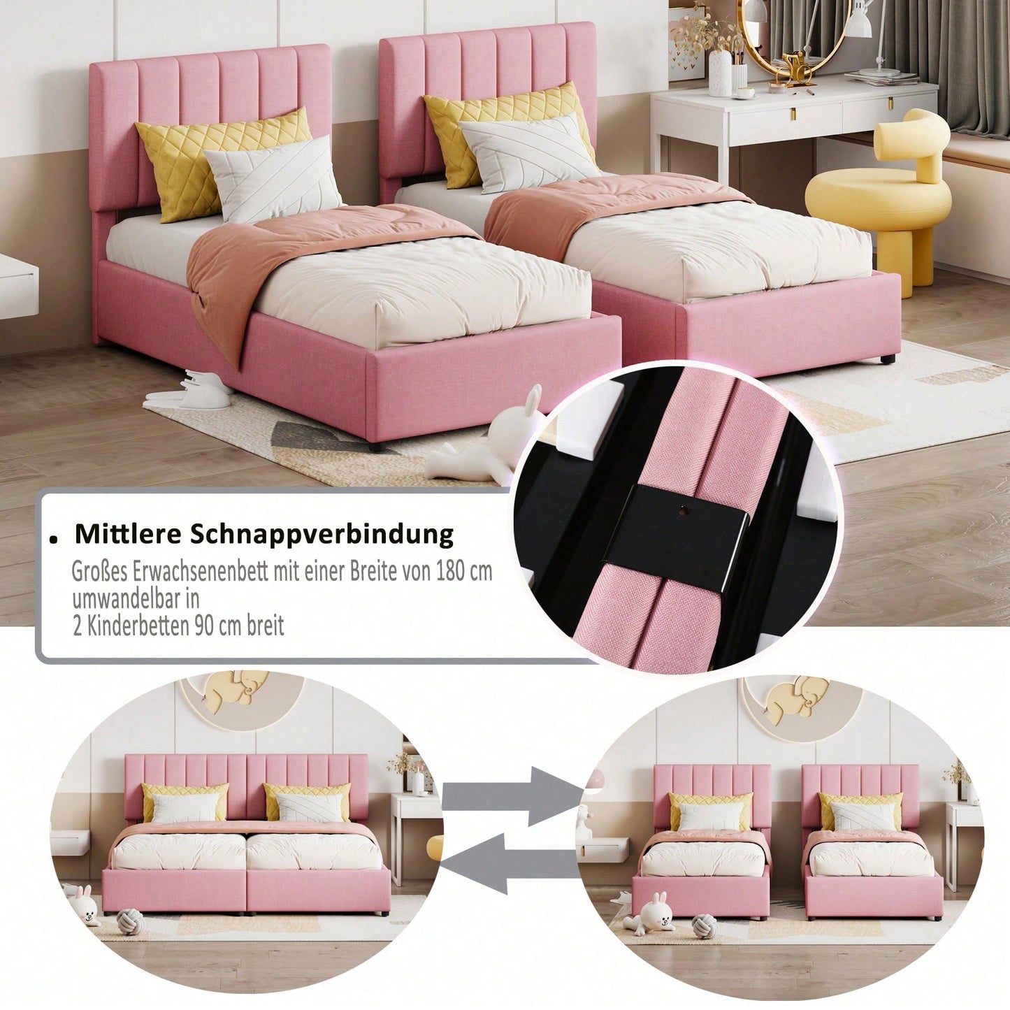 Polsterbett 180x200 cm, hydraulisches Stauraumbett, hautfreundliches Leinen-Hochkastenbett, multifunktionales Doppelbett, Rosa