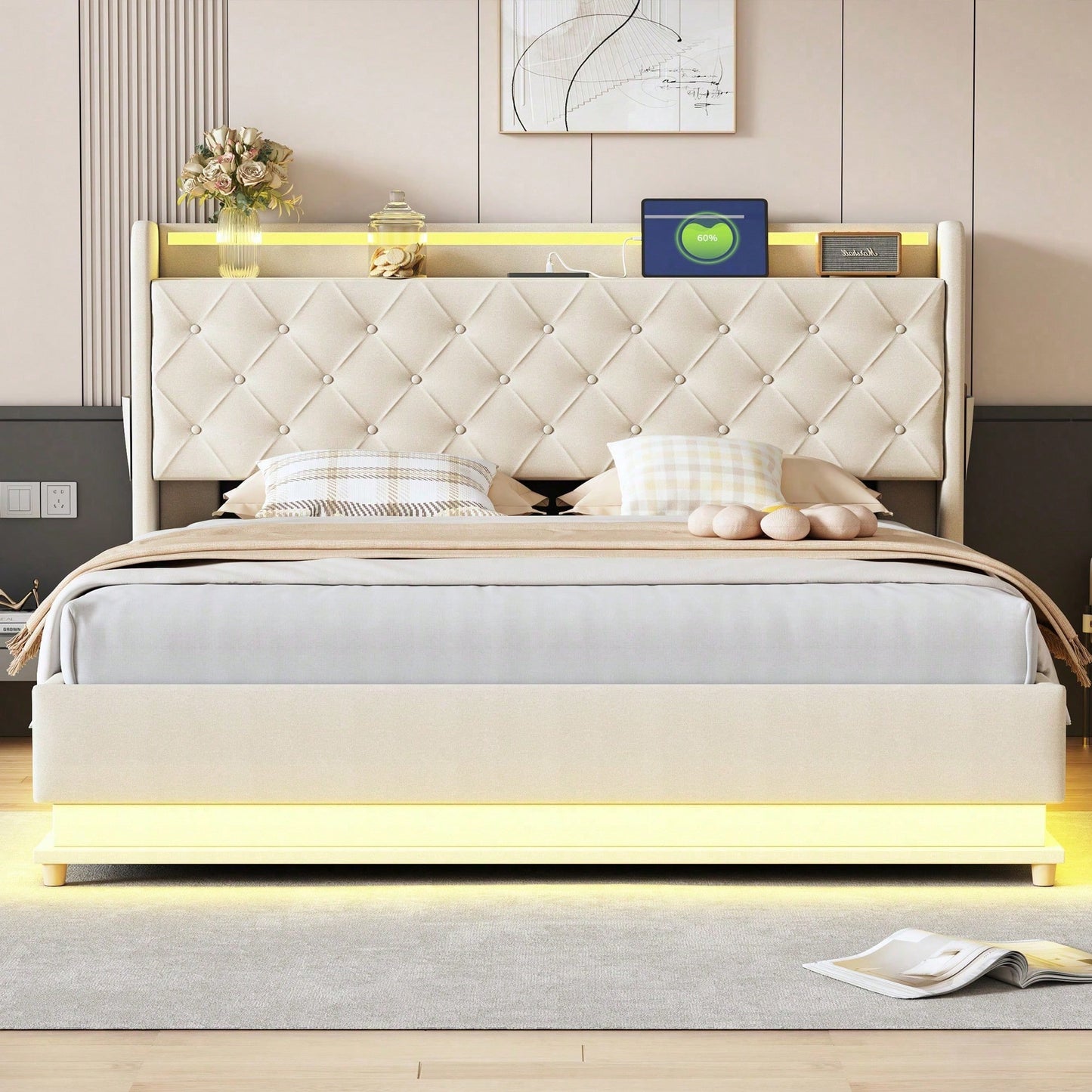 LED Polsterbett 160*200 cm mit USB-Ladeanschluss und Hydraulischer Lagerung, Hautfreundlicher Leinenstoff Beige