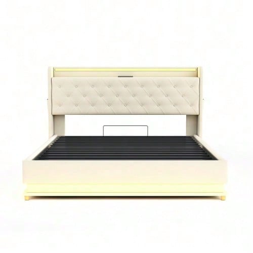 LED Polsterbett 160*200 cm mit USB-Ladeanschluss und Hydraulischer Lagerung, Hautfreundlicher Leinenstoff Beige