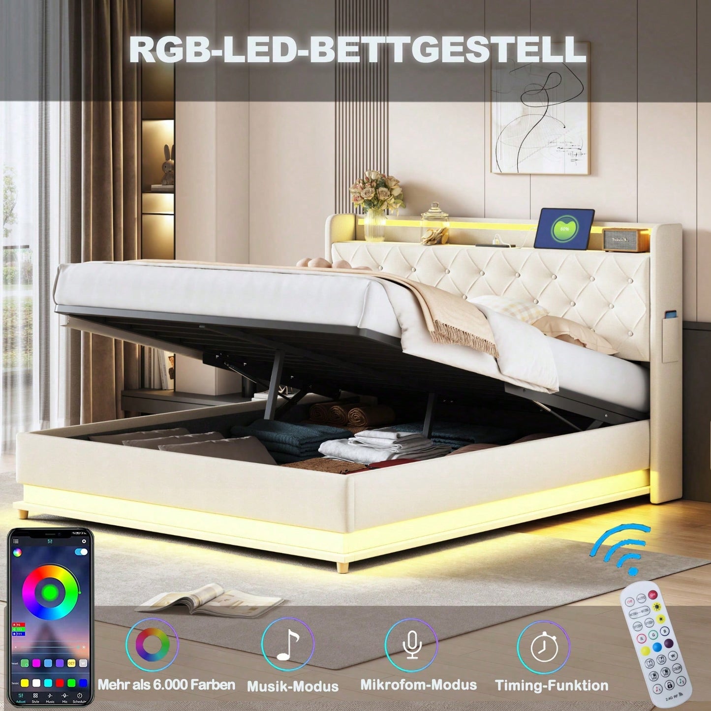 LED Polsterbett 160*200 cm mit USB-Ladeanschluss und Hydraulischer Lagerung, Hautfreundlicher Leinenstoff Beige