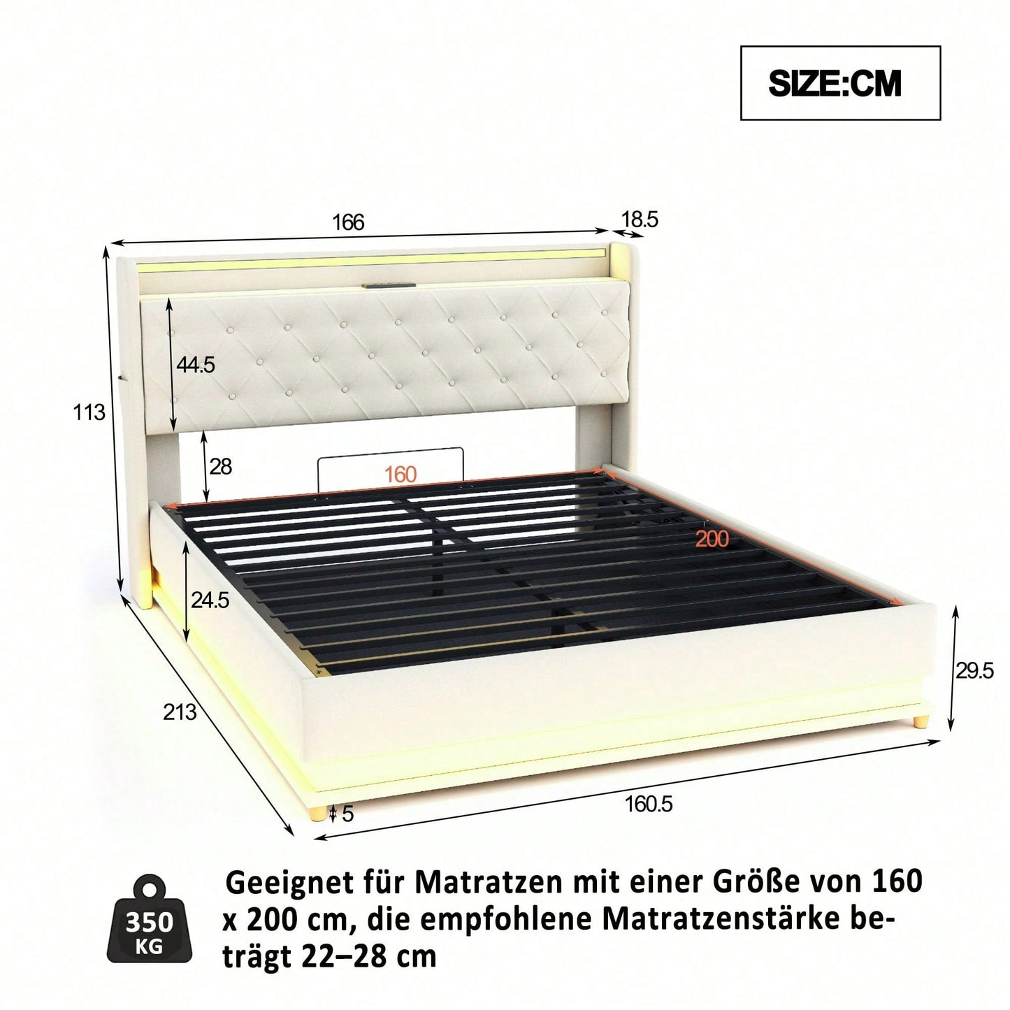 LED Polsterbett 160*200 cm mit USB-Ladeanschluss und Hydraulischer Lagerung, Hautfreundlicher Leinenstoff Beige