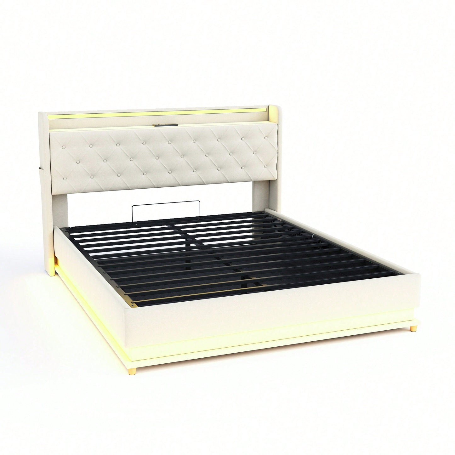 LED Polsterbett 160*200 cm mit USB-Ladeanschluss und Hydraulischer Lagerung, Hautfreundlicher Leinenstoff Beige