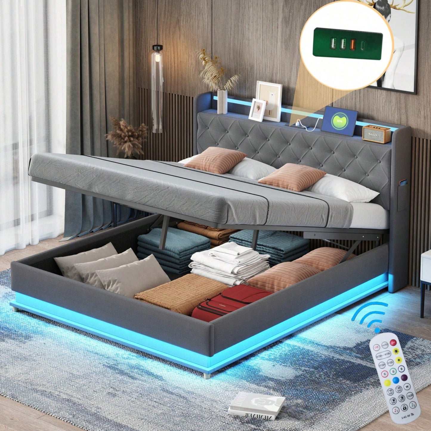 LED Polsterbett 160*200 cm mit USB-Ladeanschluss und Hydraulischer Lagerung, Hautfreundlicher Leinenstoff Beige