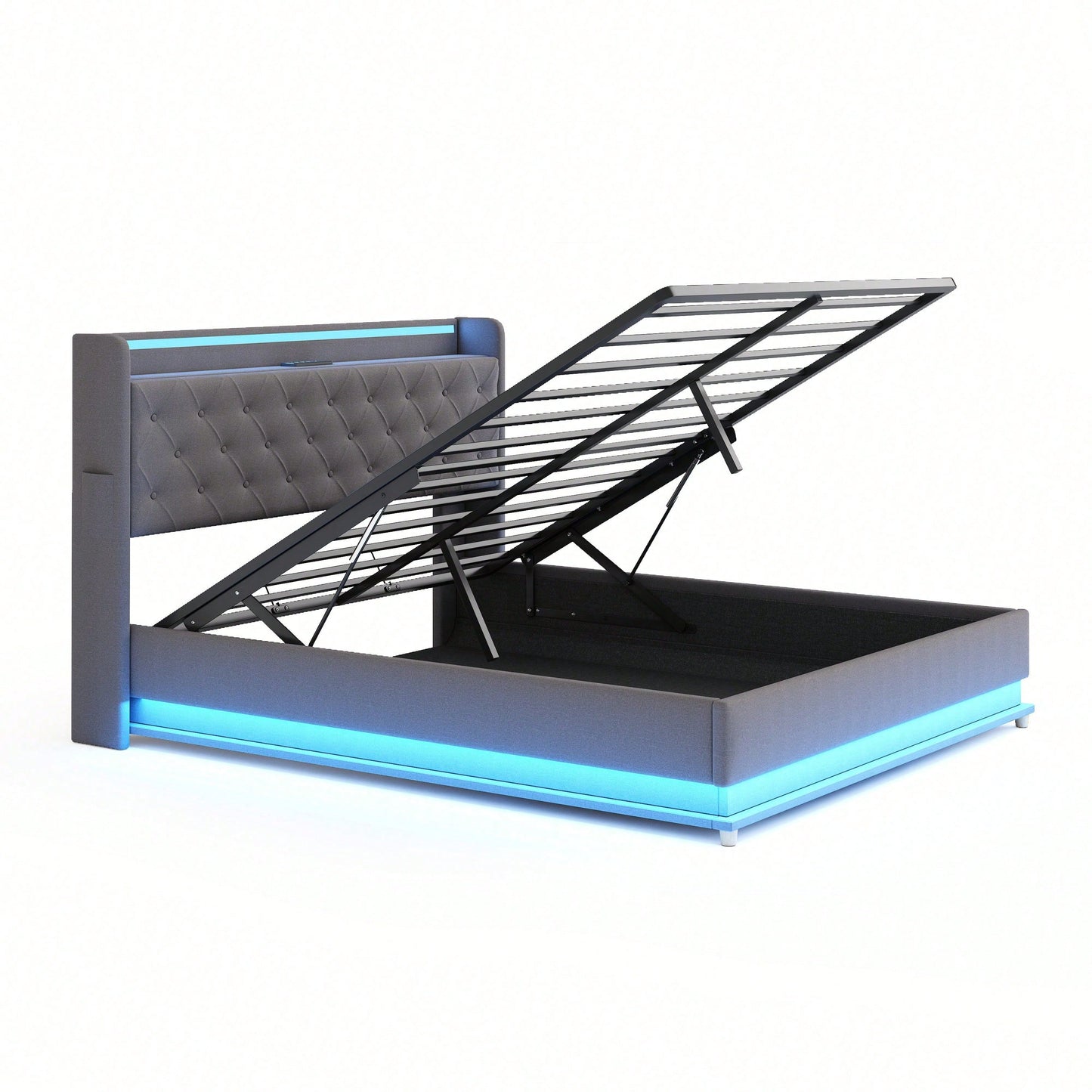 LED Polsterbett 160*200 cm mit USB-Ladeanschluss und Hydraulischer Lagerung, Hautfreundlicher Leinenstoff Beige