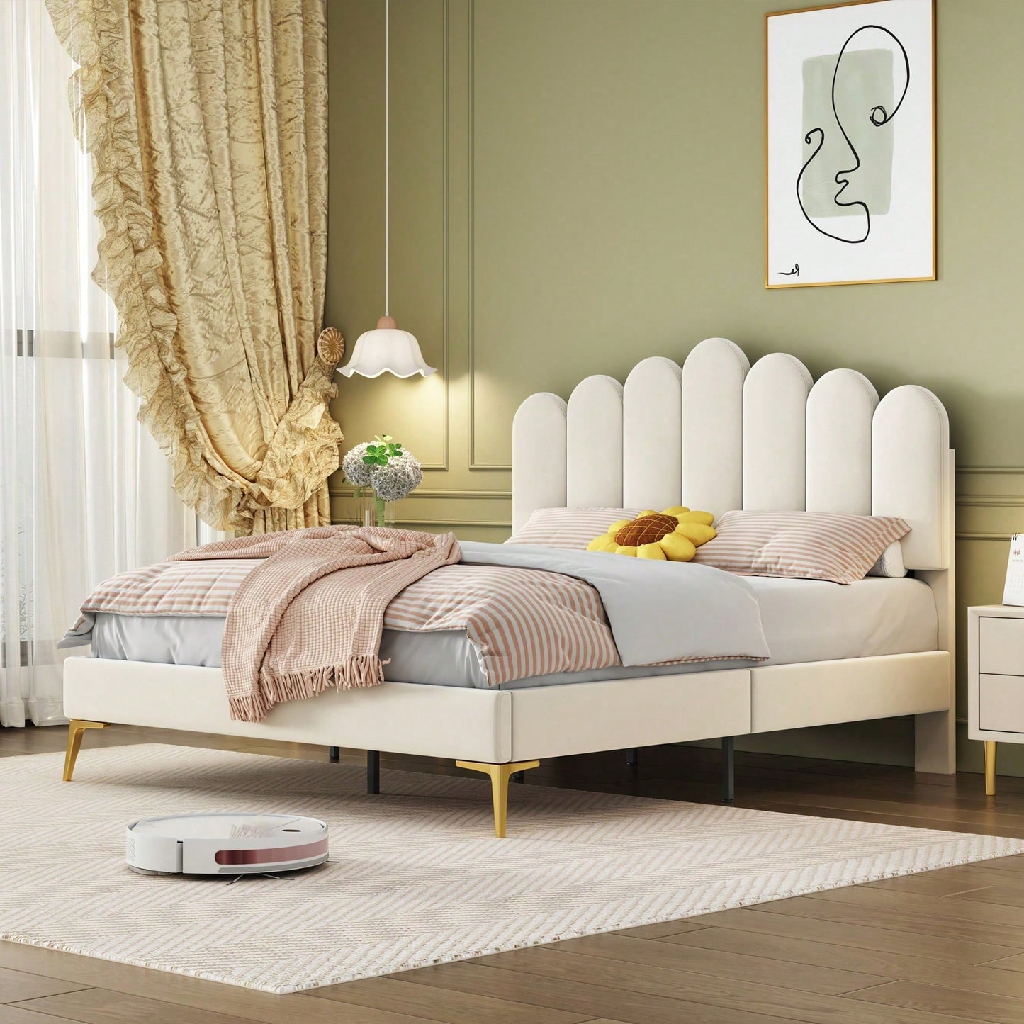 Polsterbett Doppelbett 140 x 200 cm, Bettgestell mit Kopfteil und Lattenrost, Erwachsenen-Jugendbett-Gästebett in hautfreundlichem Samtstoff Beige