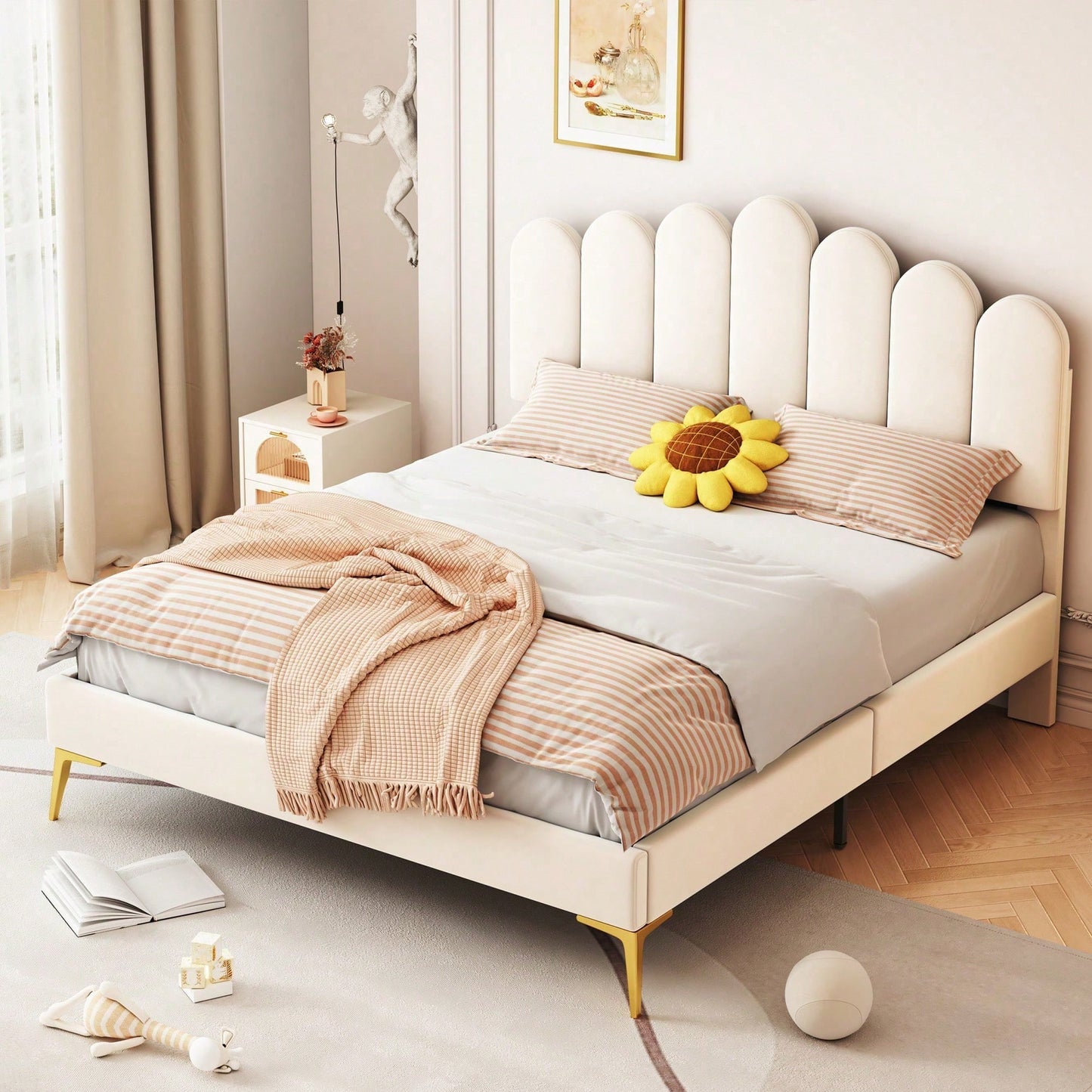 Polsterbett Doppelbett 140 x 200 cm, Bettgestell mit Kopfteil und Lattenrost, Erwachsenen-Jugendbett-Gästebett in hautfreundlichem Samtstoff Beige