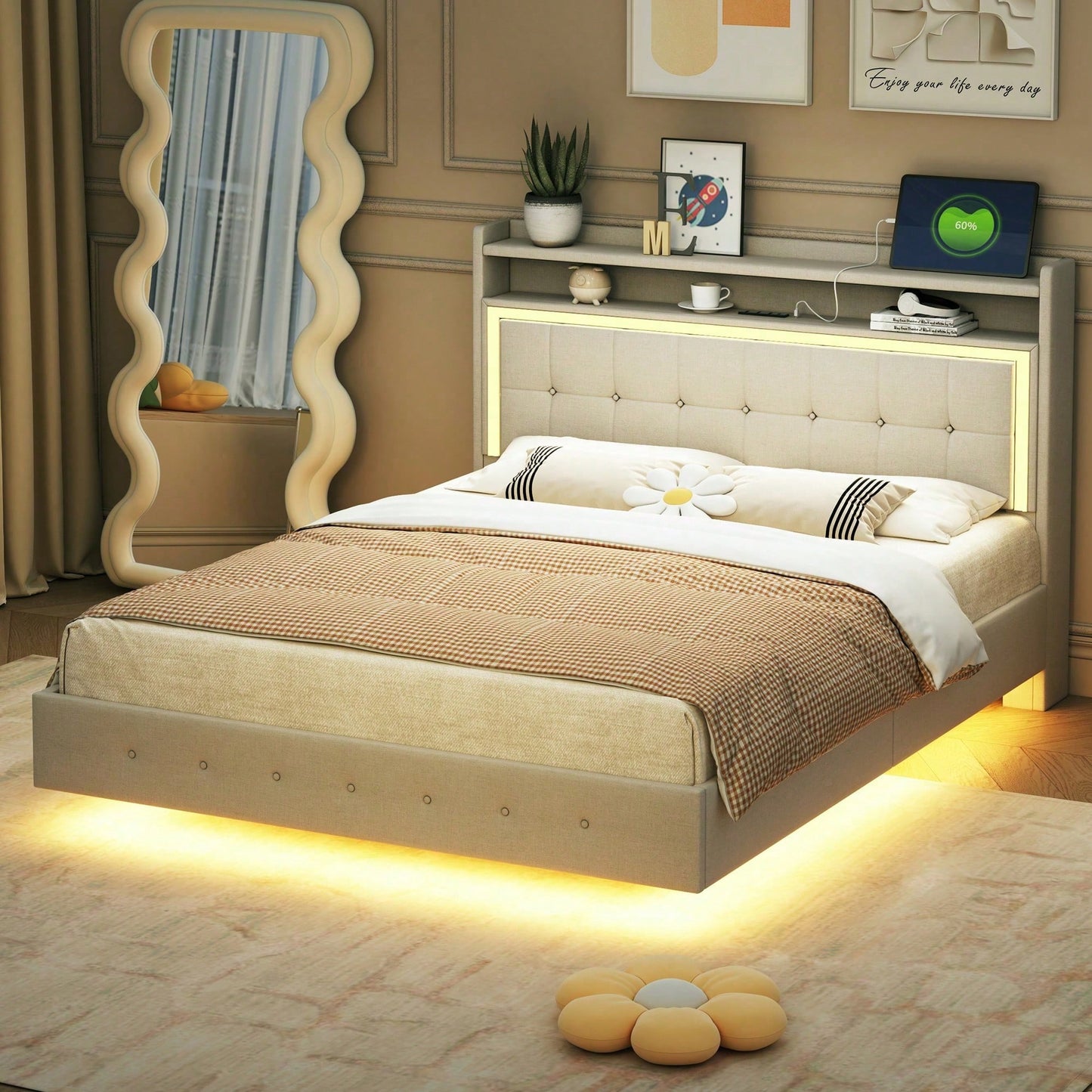 Polsterbett 140*200, mit USB-Steckdose und LED-Licht, Bett kann am Kopfende des Bettes platziert werden, verstecktes Fußdesign, Doppelflachbett, Leinenstoff beige