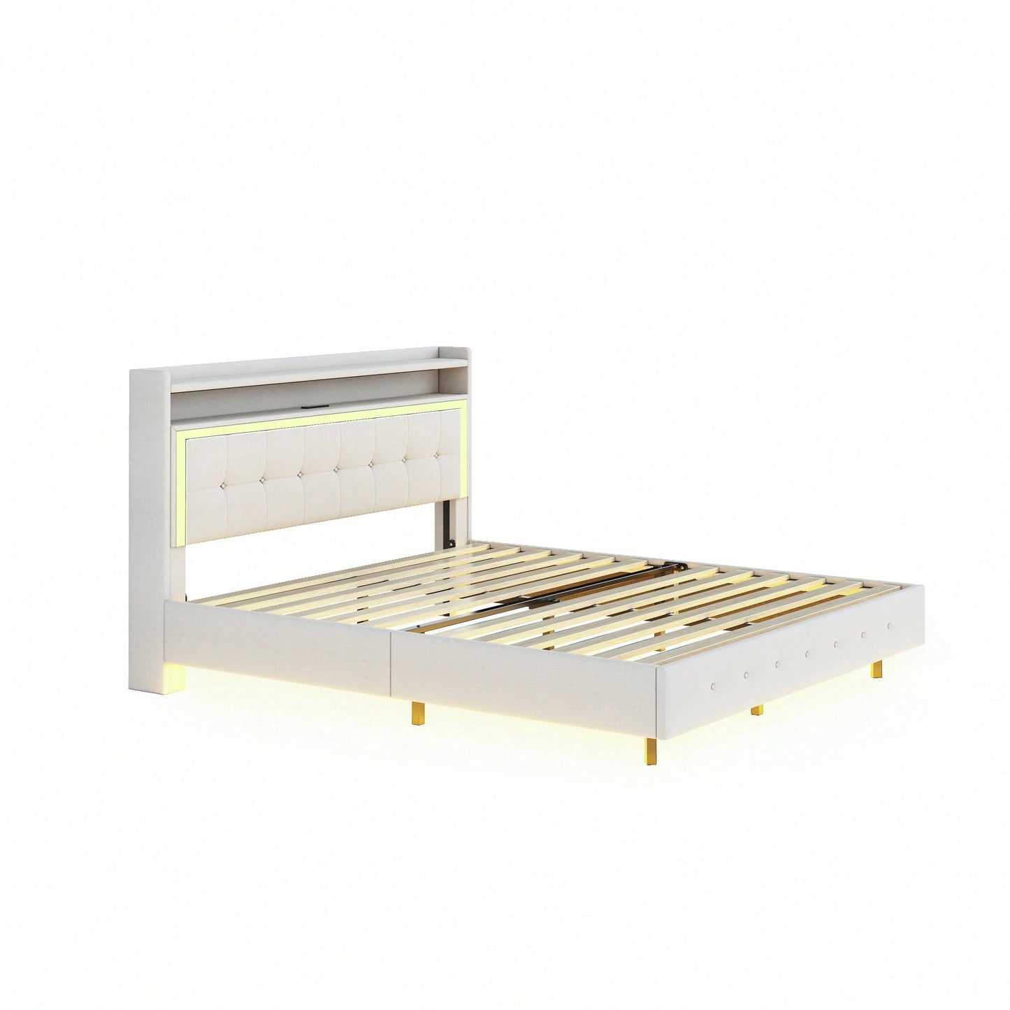 Polsterbett 140*200, mit USB-Steckdose und LED-Licht, Bett kann am Kopfende des Bettes platziert werden, verstecktes Fußdesign, Doppelflachbett, Leinenstoff beige