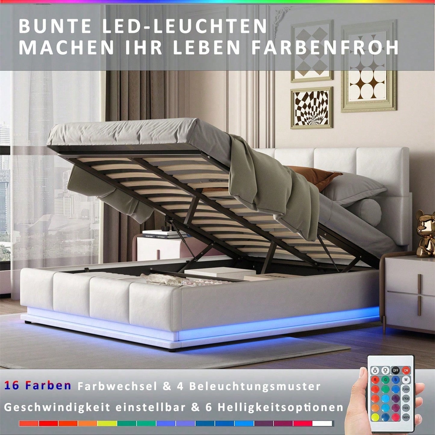 Polsterbett 160 x 200 cm mit LED, Metalllattenrost & Bettkasten, Doppelbett mit höheverstellbarem Polsterkopfteil & hydraulischem Stauraum, Grau,ohne Matratze,