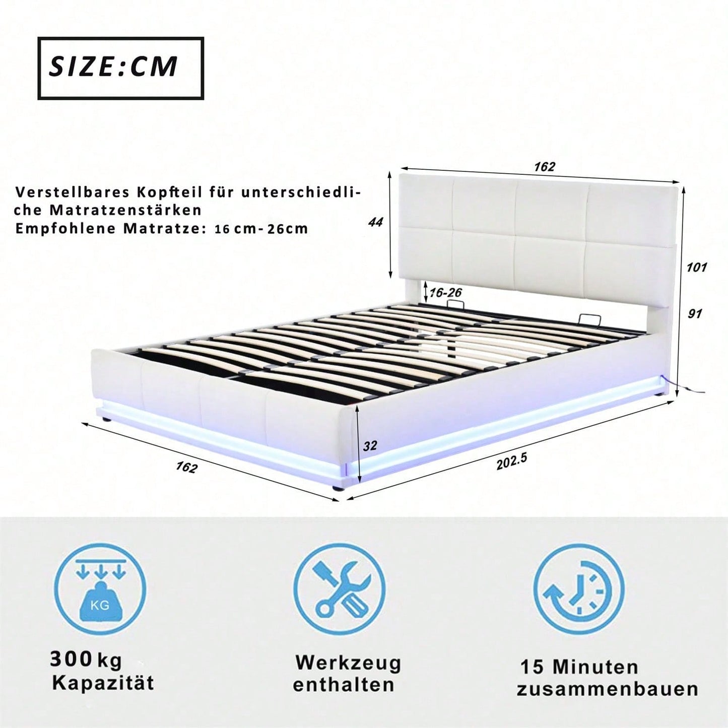 Polsterbett 160 x 200 cm mit LED, Metalllattenrost & Bettkasten, Doppelbett mit höheverstellbarem Polsterkopfteil & hydraulischem Stauraum, Grau,ohne Matratze,