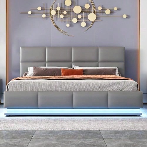 Polsterbett 160 x 200 cm mit LED, Metalllattenrost & Bettkasten, Doppelbett mit höheverstellbarem Polsterkopfteil & hydraulischem Stauraum, Grau,ohne Matratze,